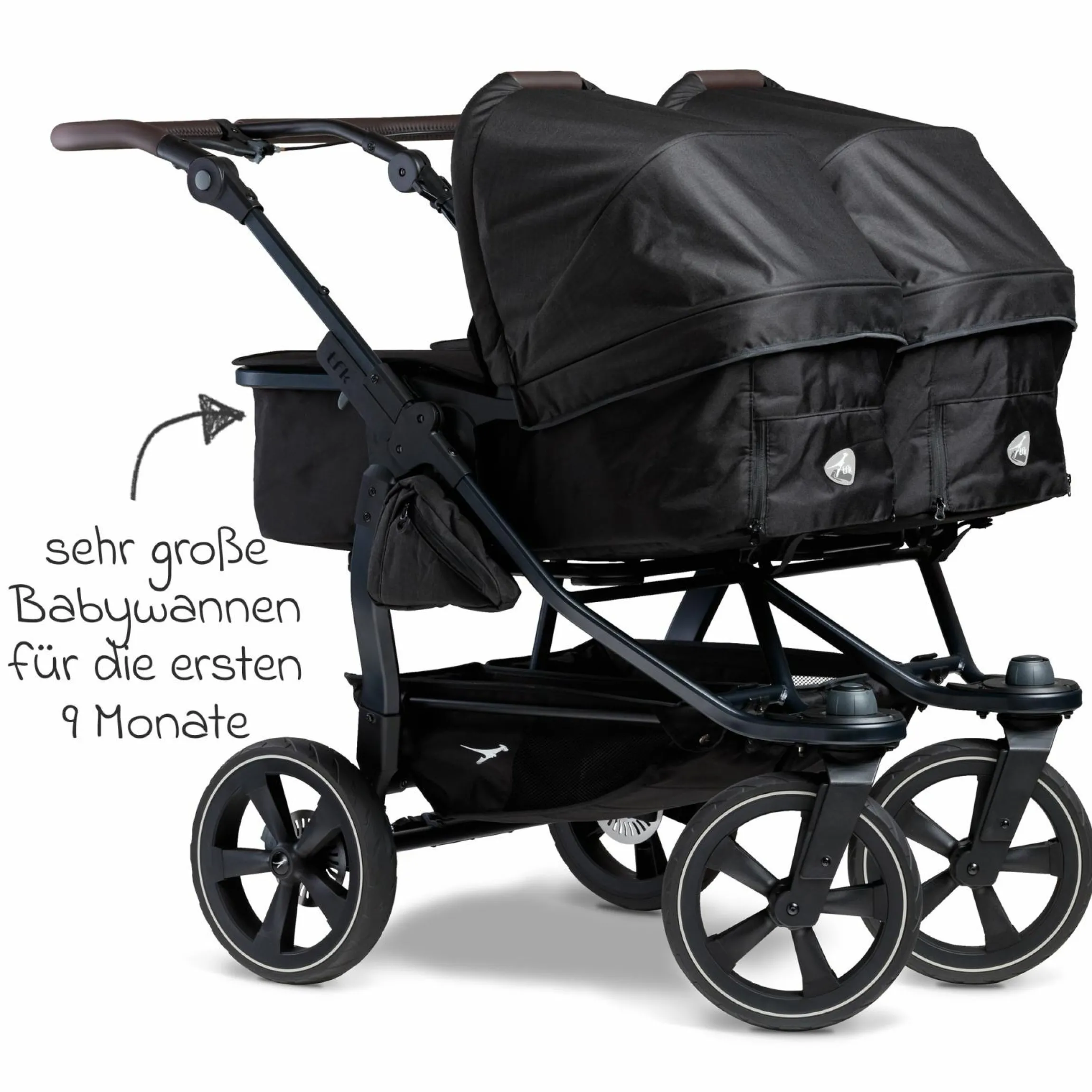 Geschwister- & Zwillingskinderwagen Duo 2 mit Luftkammerreifen - 2x Kombi-Einheit (Wanne+Sitz) mit Liegeposition & XXL Zamboo Zubehör - Schwarz - Kollektion 2025
