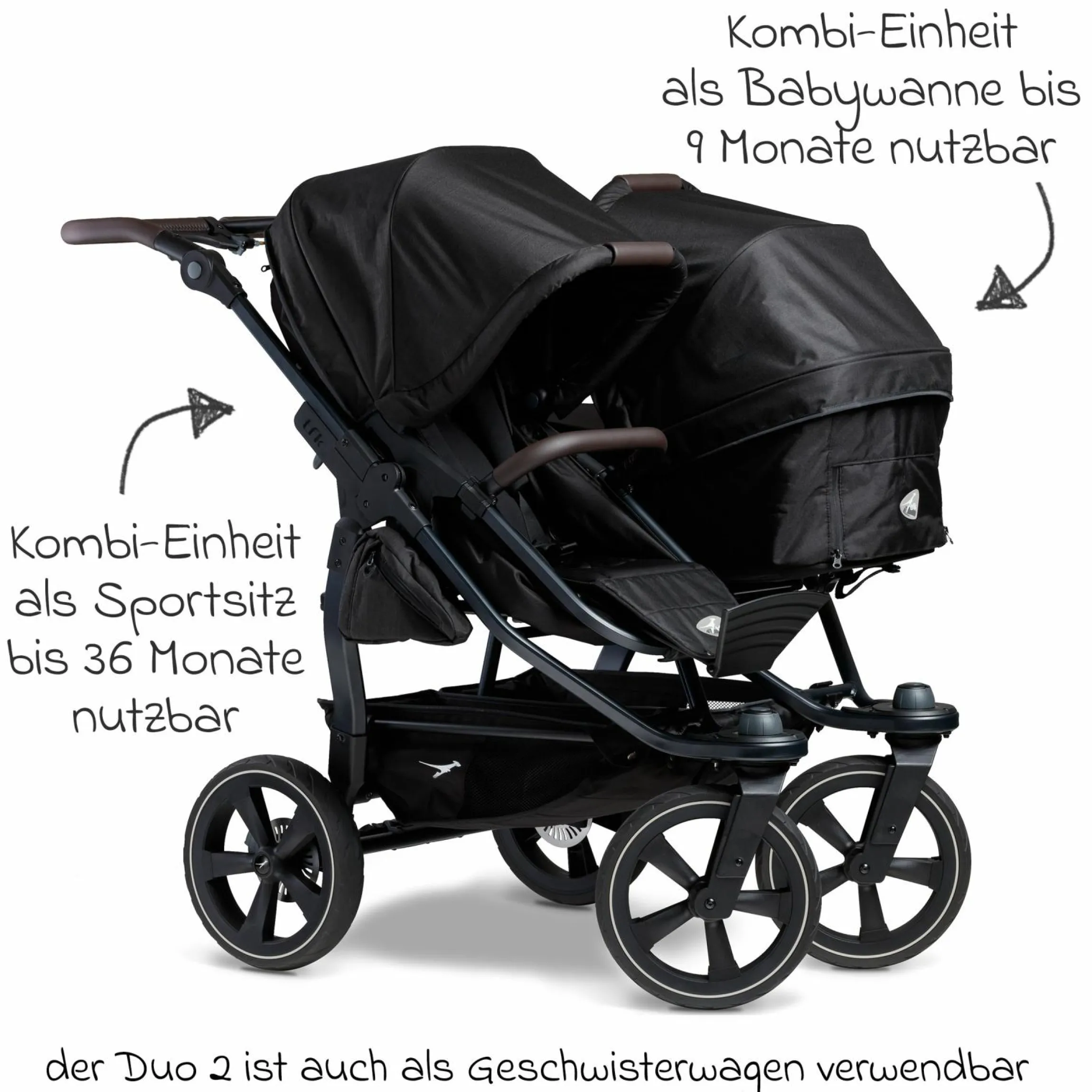 Geschwister- & Zwillingskinderwagen Duo 2 mit Luftkammerreifen - 2x Kombi-Einheit (Wanne+Sitz) mit Liegeposition & XXL Zamboo Zubehör - Schwarz - Kollektion 2025