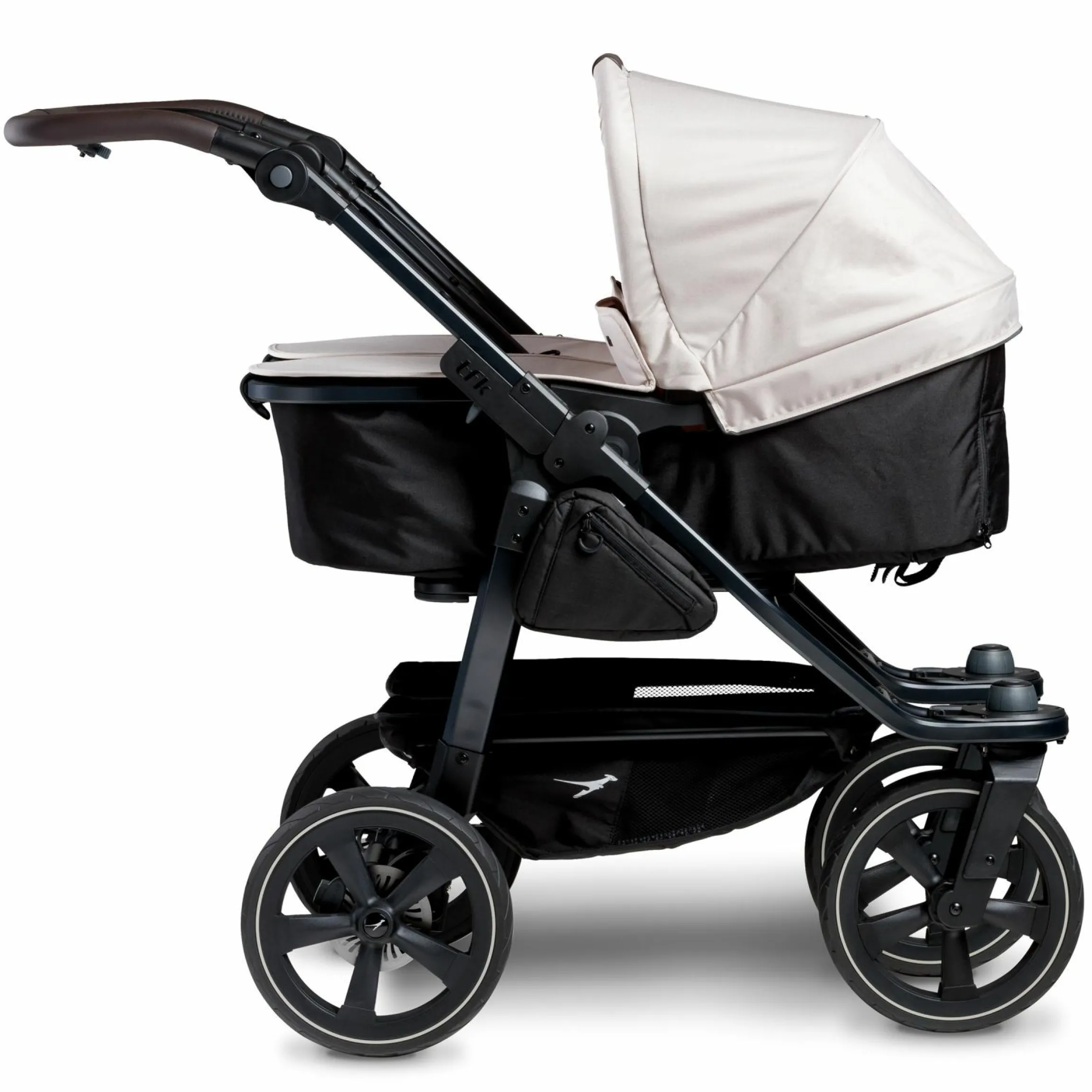 Geschwister- & Zwillingskinderwagen Duo 2 mit Luftkammerreifen - 2x Kombi-Einheit (Wanne+Sitz) mit Liegeposition & XXL Zamboo Zubehör - Sand - Kollektion 2025