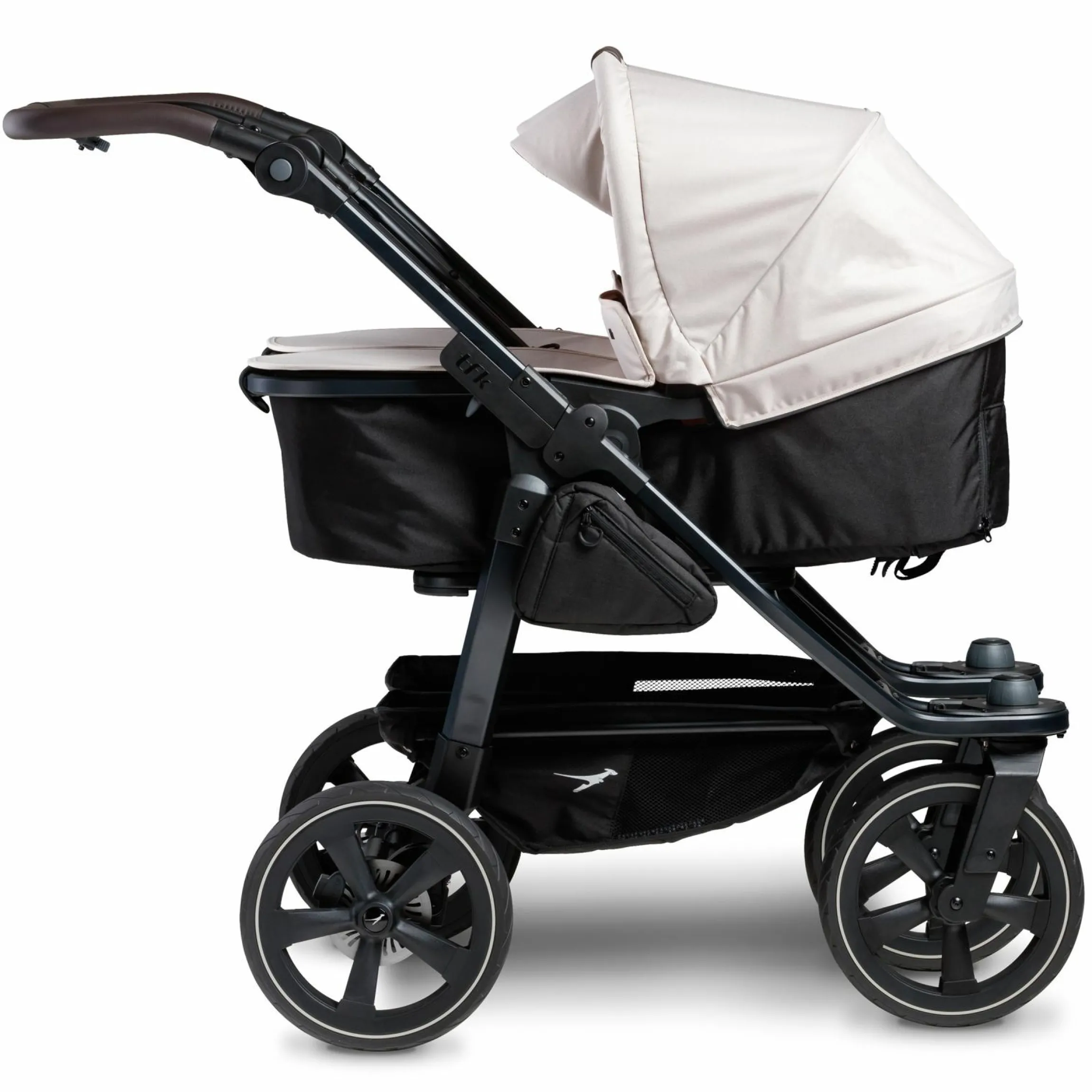 Geschwister- & Zwillingskinderwagen Duo 2 mit Luftkammerreifen - 2x Kombi-Einheit (Wanne+Sitz) mit Liegeposition & XXL Zamboo Zubehör - Sand - Kollektion 2025