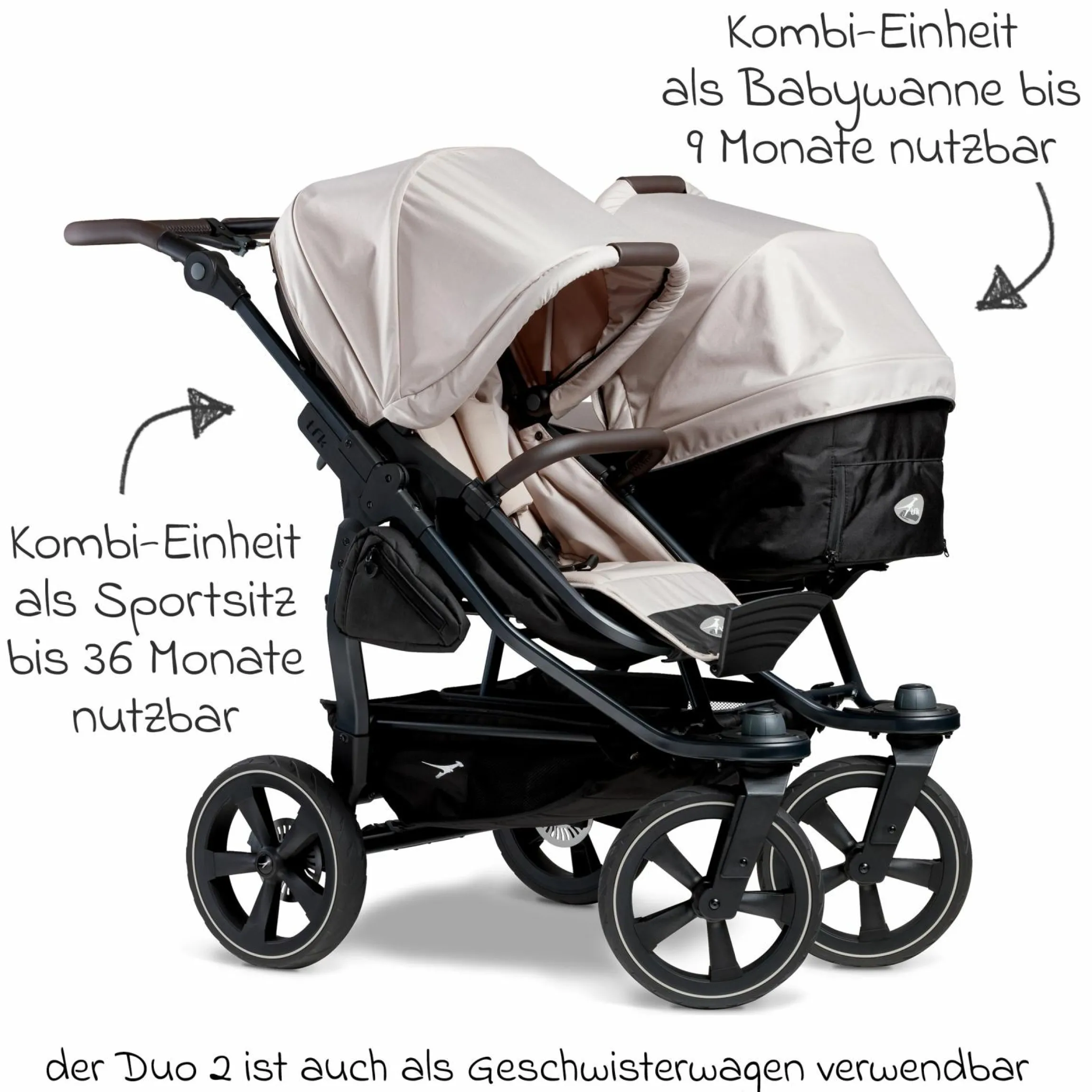 Geschwister- & Zwillingskinderwagen Duo 2 mit Luftkammerreifen - 2x Kombi-Einheit (Wanne+Sitz) mit Liegeposition & XXL Zamboo Zubehör - Sand - Kollektion 2025