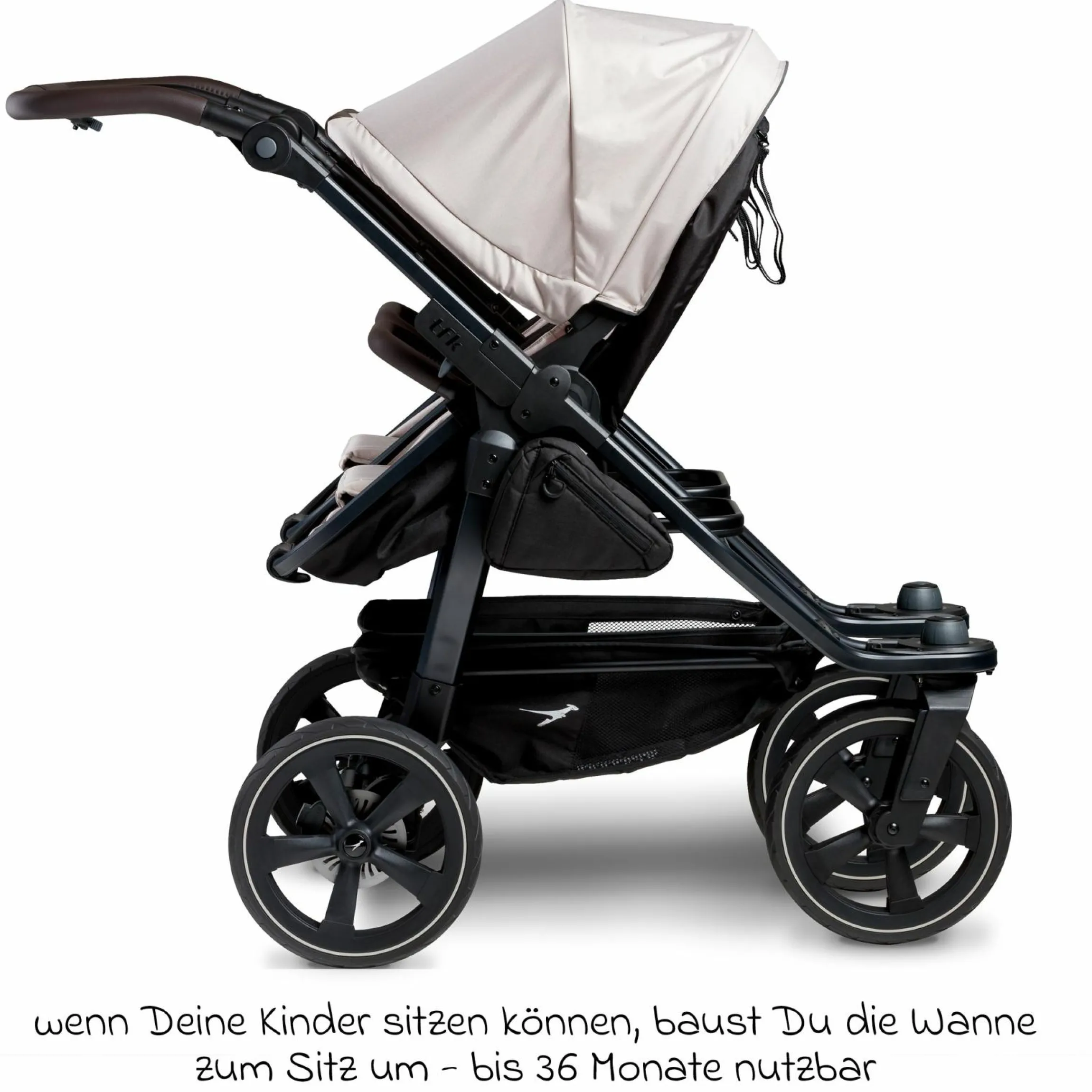 Geschwister- & Zwillingskinderwagen Duo 2 mit Luftkammerreifen - 2x Kombi-Einheit (Wanne+Sitz) mit Liegeposition & XXL Zamboo Zubehör - Sand - Kollektion 2025