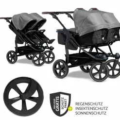 Geschwister- & Zwillingskinderwagen Duo 2 mit Luftkammerreifen - 2x Kombi-Einheit (Wanne+Sitz) mit Liegeposition & XXL Zamboo Zubehör - Premium Grau - Kollektion 2025