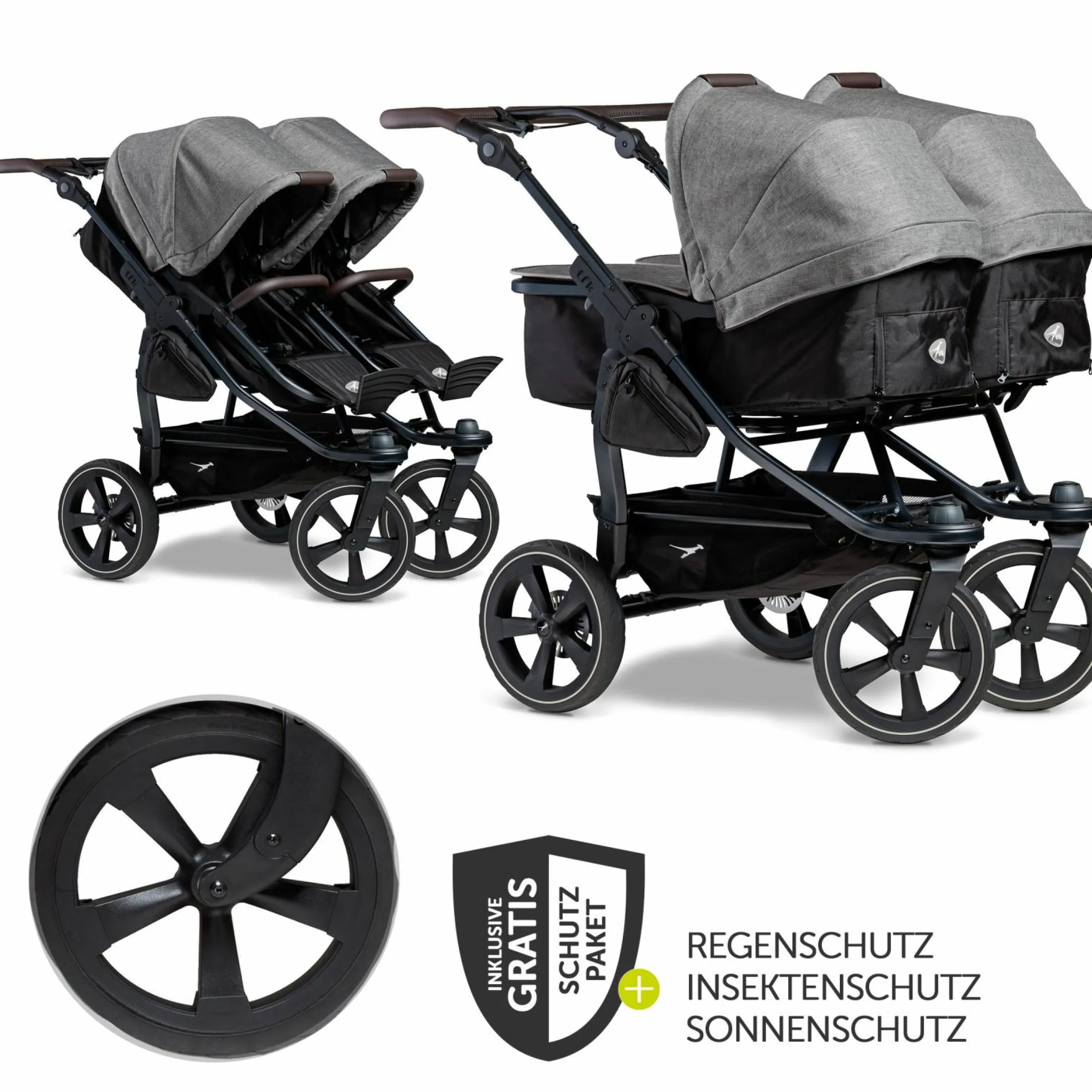 Geschwister- & Zwillingskinderwagen Duo 2 mit Luftkammerreifen - 2x Kombi-Einheit (Wanne+Sitz) mit Liegeposition & XXL Zamboo Zubehör - Premium Grau - Kollektion 2025