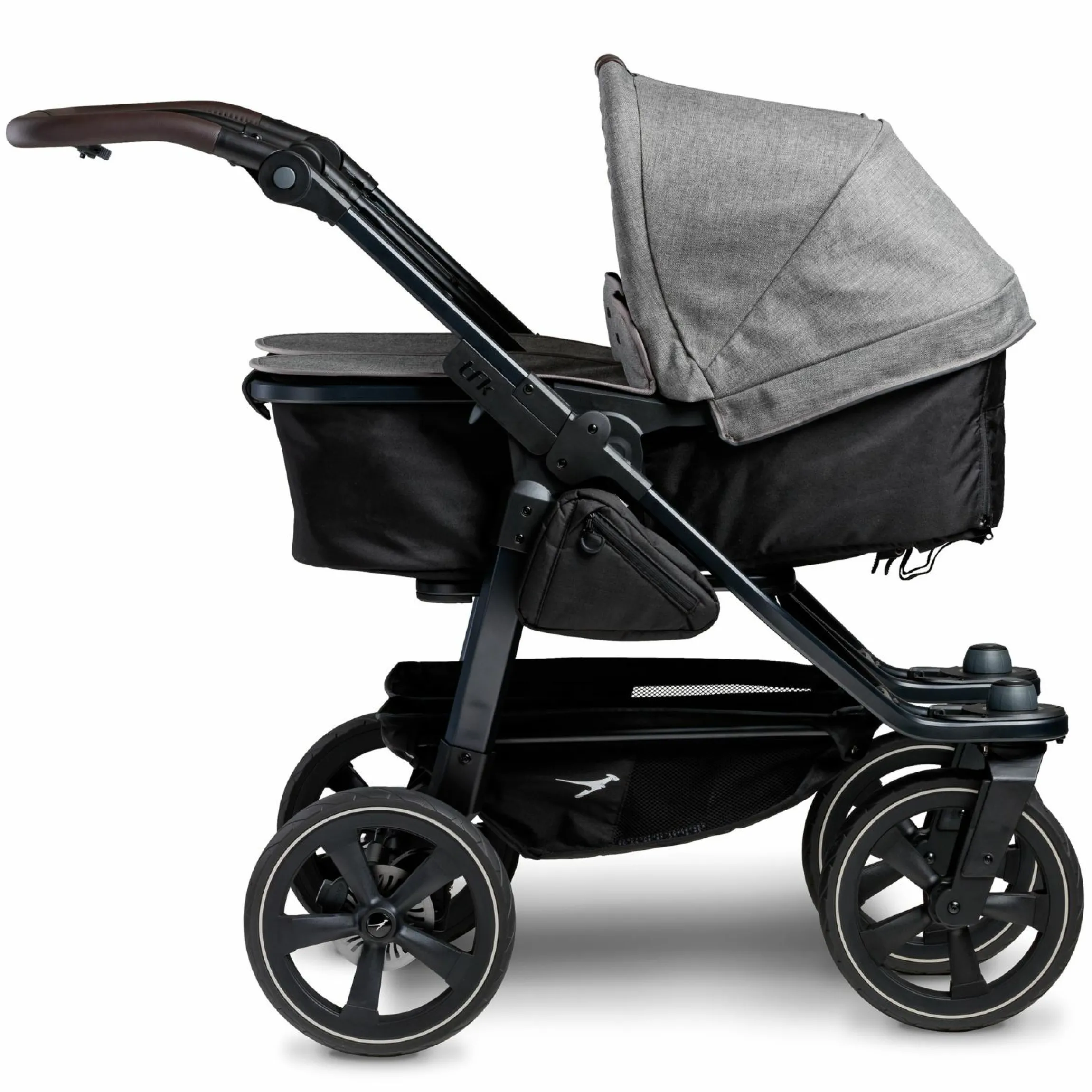 Geschwister- & Zwillingskinderwagen Duo 2 mit Luftkammerreifen - 2x Kombi-Einheit (Wanne+Sitz) mit Liegeposition & XXL Zamboo Zubehör - Premium Grau - Kollektion 2025