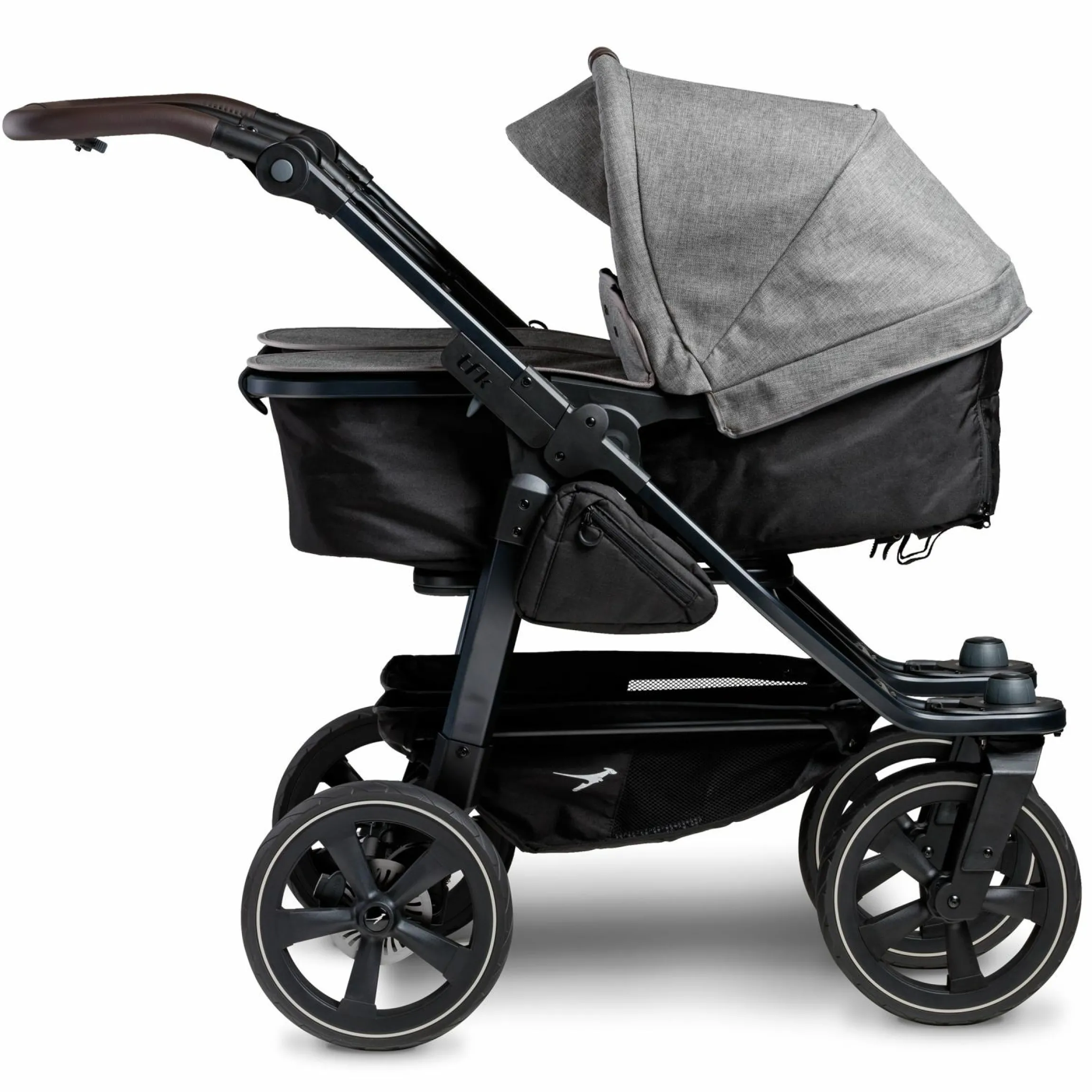 Geschwister- & Zwillingskinderwagen Duo 2 mit Luftkammerreifen - 2x Kombi-Einheit (Wanne+Sitz) mit Liegeposition & XXL Zamboo Zubehör - Premium Grau - Kollektion 2025