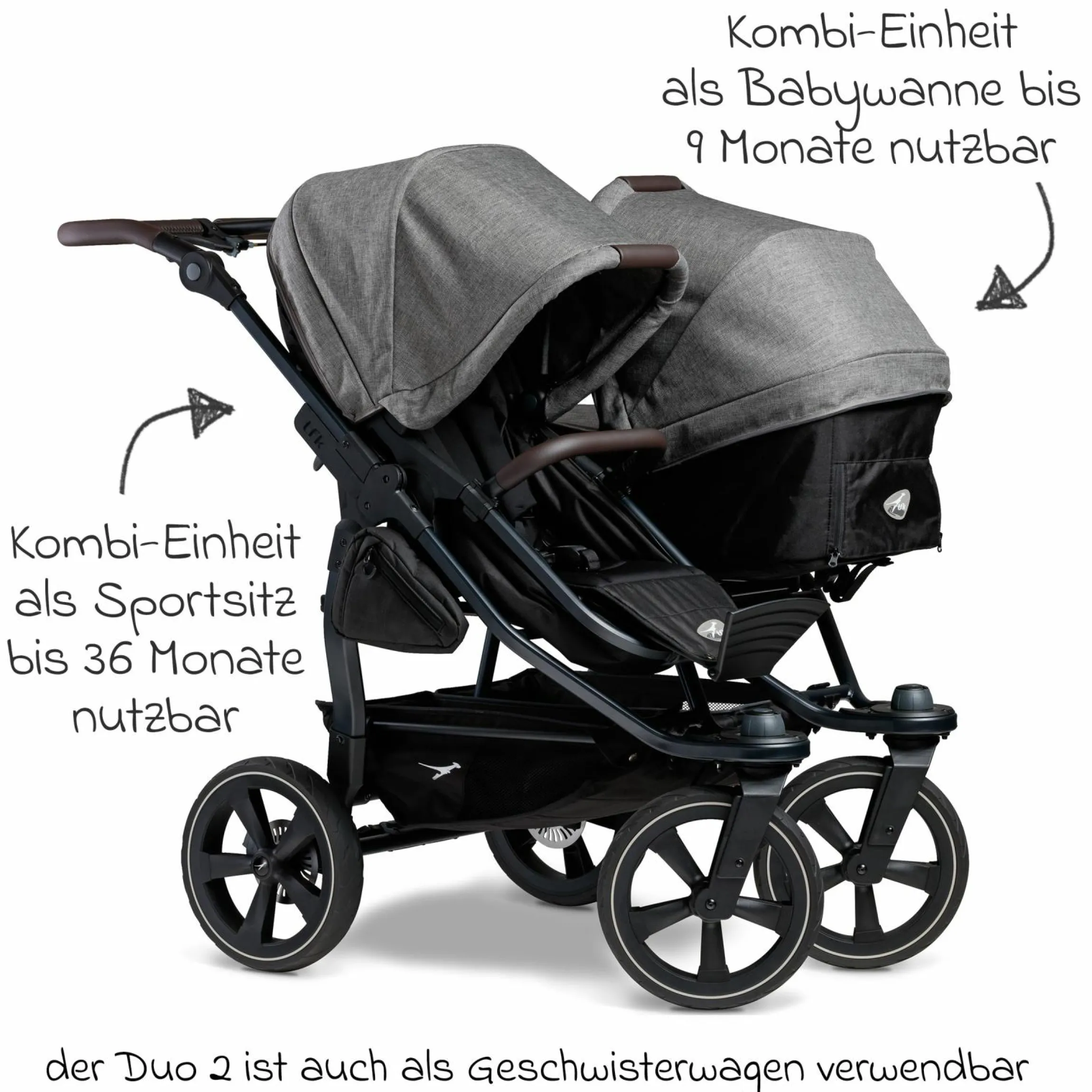 Geschwister- & Zwillingskinderwagen Duo 2 mit Luftkammerreifen - 2x Kombi-Einheit (Wanne+Sitz) mit Liegeposition & XXL Zamboo Zubehör - Premium Grau - Kollektion 2025