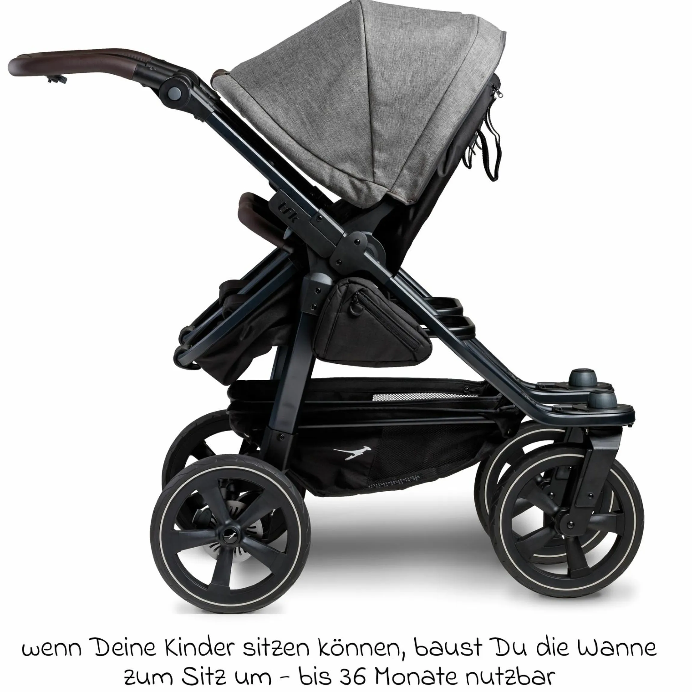 Geschwister- & Zwillingskinderwagen Duo 2 mit Luftkammerreifen - 2x Kombi-Einheit (Wanne+Sitz) mit Liegeposition & XXL Zamboo Zubehör - Premium Grau - Kollektion 2025