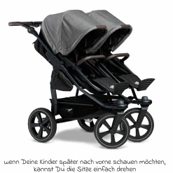 Geschwister- & Zwillingskinderwagen Duo 2 mit Luftkammerreifen - 2x Kombi-Einheit (Wanne+Sitz) mit Liegeposition & XXL Zamboo Zubehör - Premium Grau - Kollektion 2025