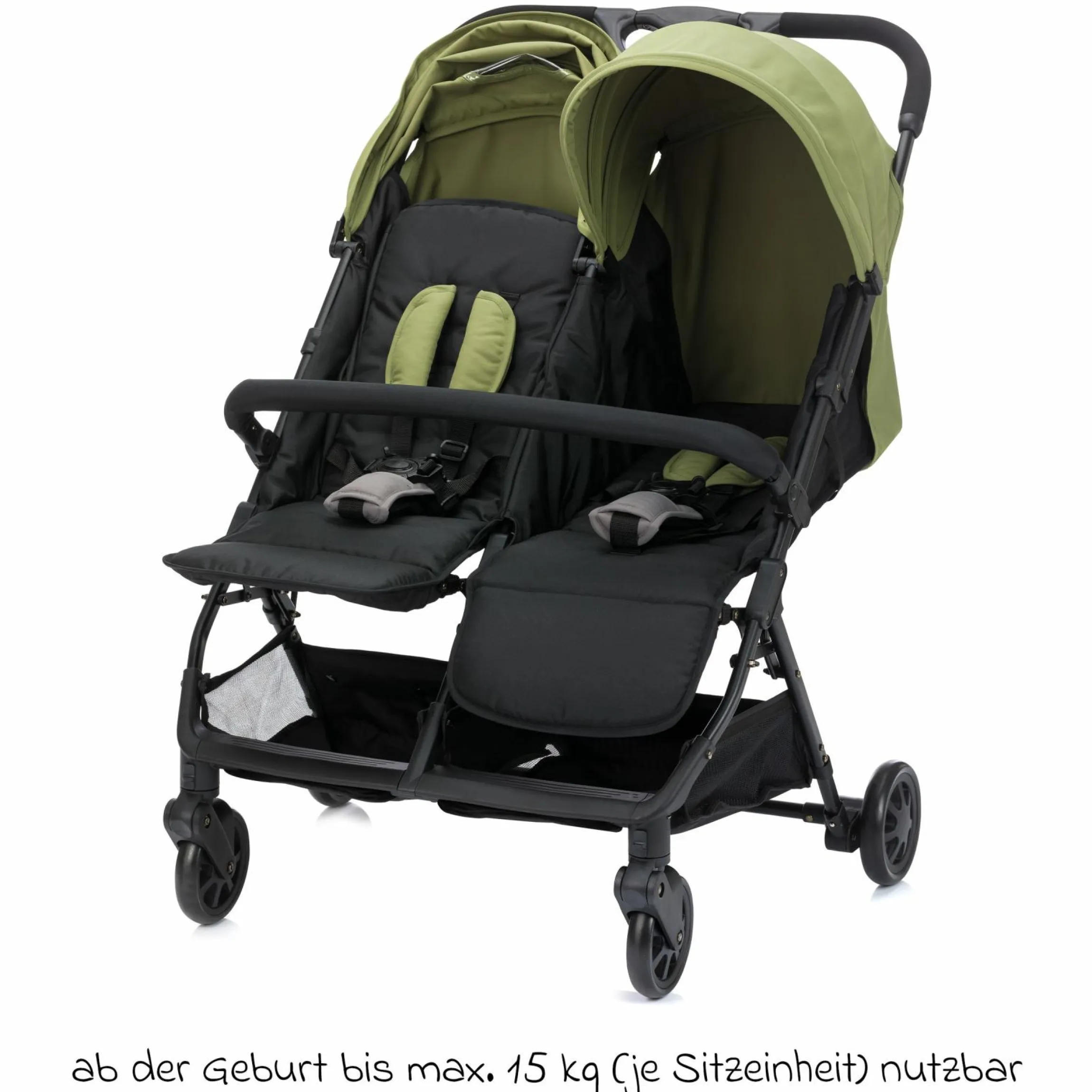 Geschwister- & Zwillingskinderwagen Twin mit Liegeposition nur 10,2 kg und 78 cm Breit - Schwarz Grün