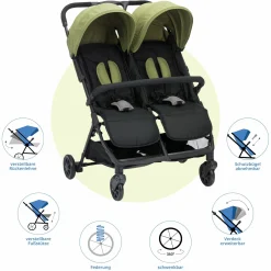 Geschwister- & Zwillingskinderwagen Twin mit Liegeposition nur 10,2 kg und 78 cm Breit - Schwarz Grün