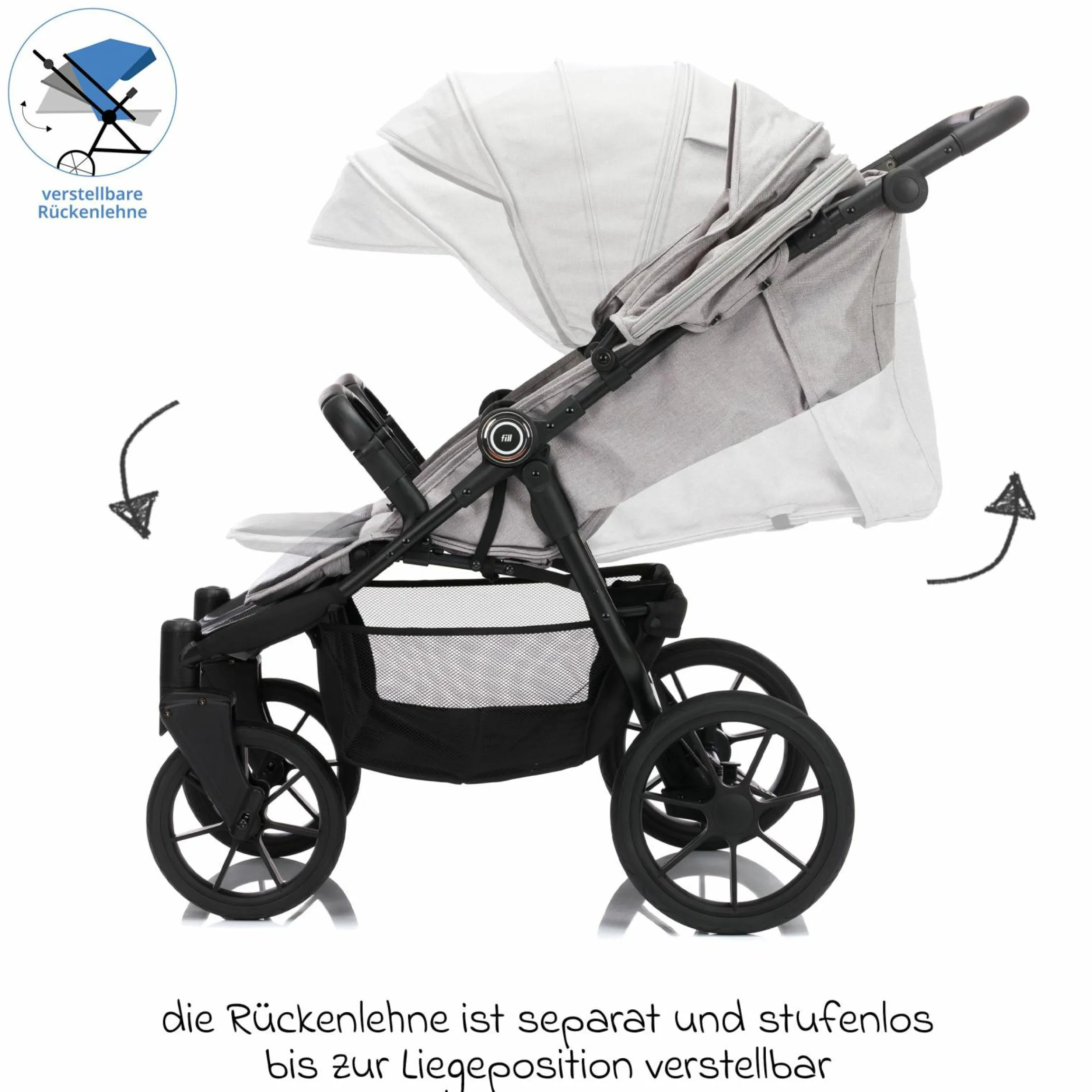 Geschwister- & Zwillingskinderwagen Duette bis 22 kg mit Liegeposition & Knickschieber - Grau