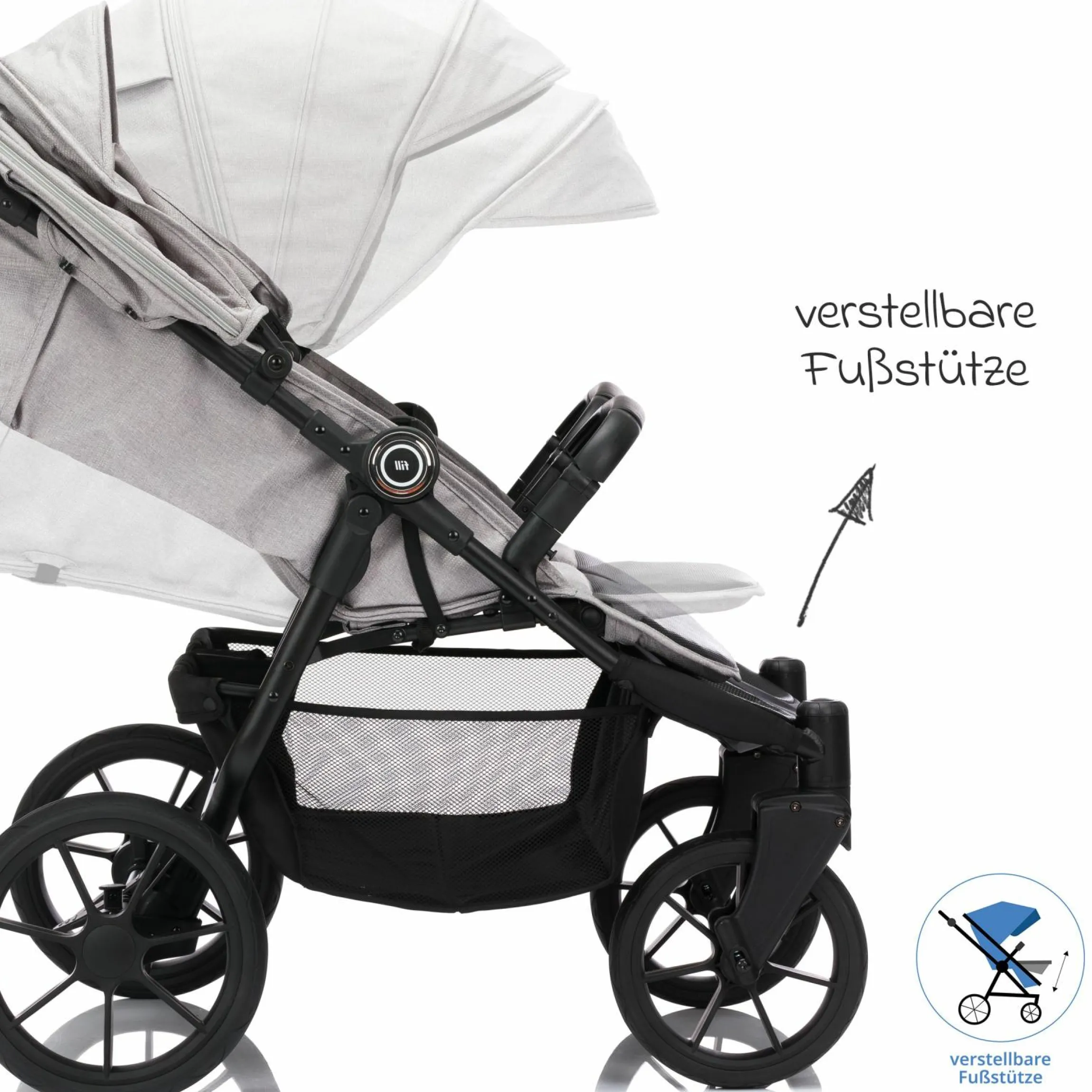 Geschwister- & Zwillingskinderwagen Duette bis 22 kg mit Liegeposition & Knickschieber - Grau