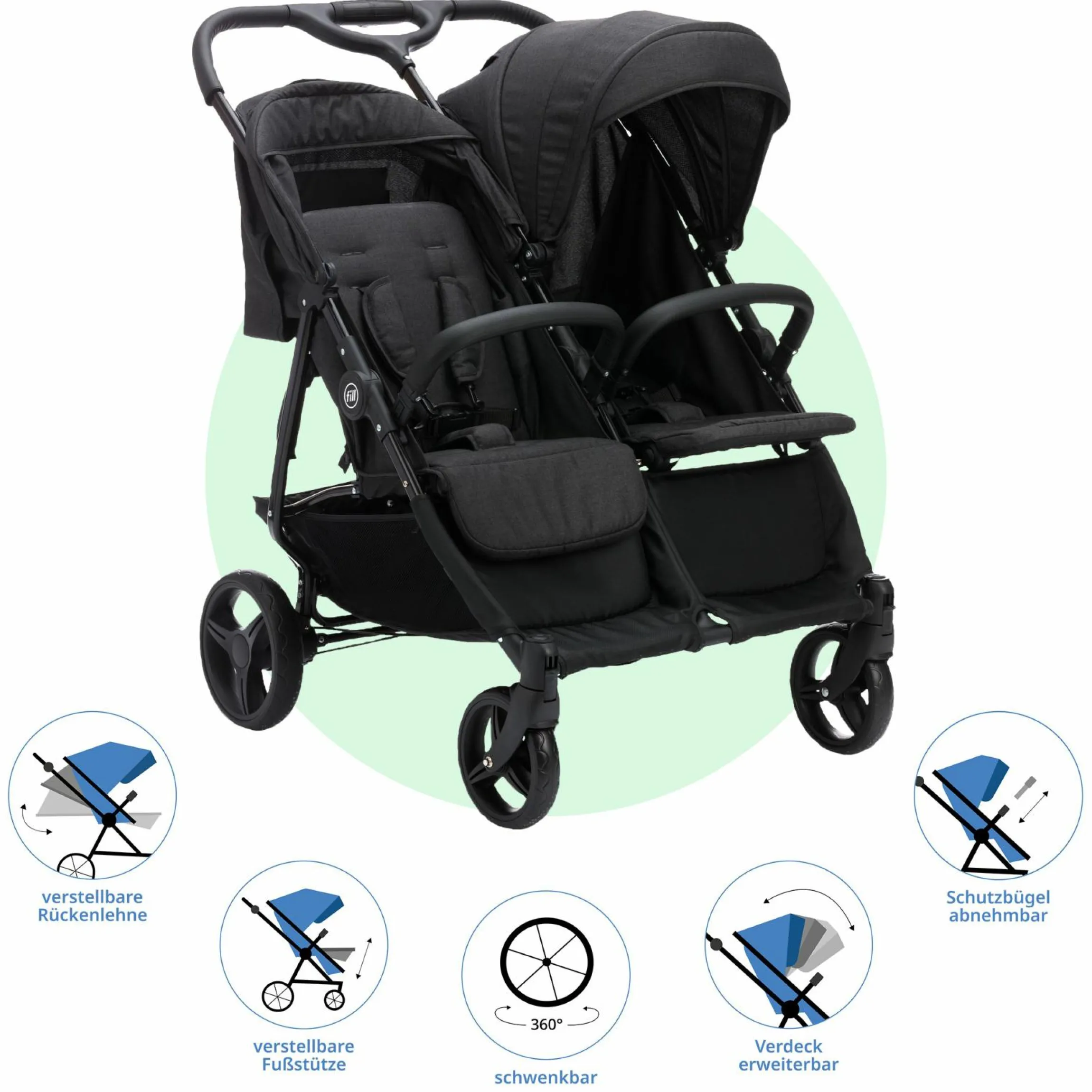Geschwister- & Zwillingskinderwagen Duo mit Liegeposition, Schutzbügel pro Sitz nur 12,3 kg und 70 cm Breit - Schwarz Melange