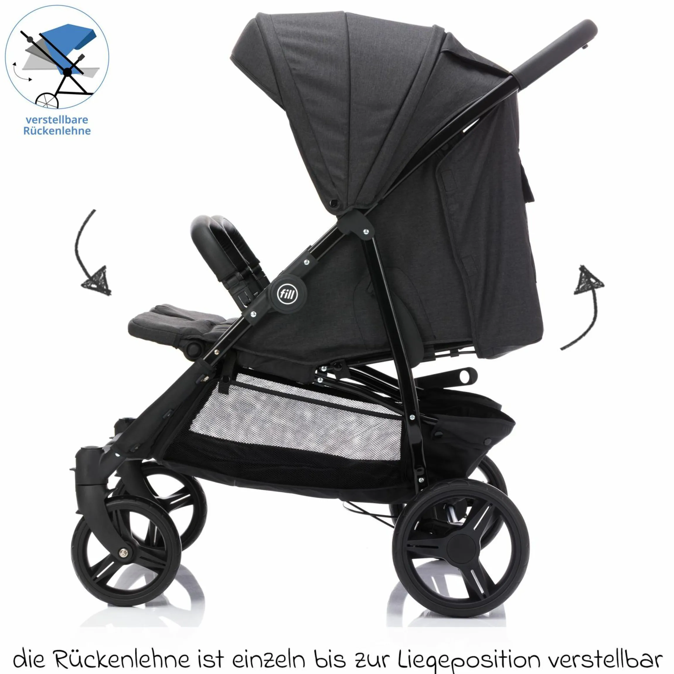 Geschwister- & Zwillingskinderwagen Duo mit Liegeposition, Schutzbügel pro Sitz nur 12,3 kg und 70 cm Breit - Schwarz Melange