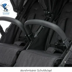 Geschwister- & Zwillingskinderwagen Duo mit Liegeposition, Schutzbügel pro Sitz nur 12,3 kg und 70 cm Breit - Schwarz Melange
