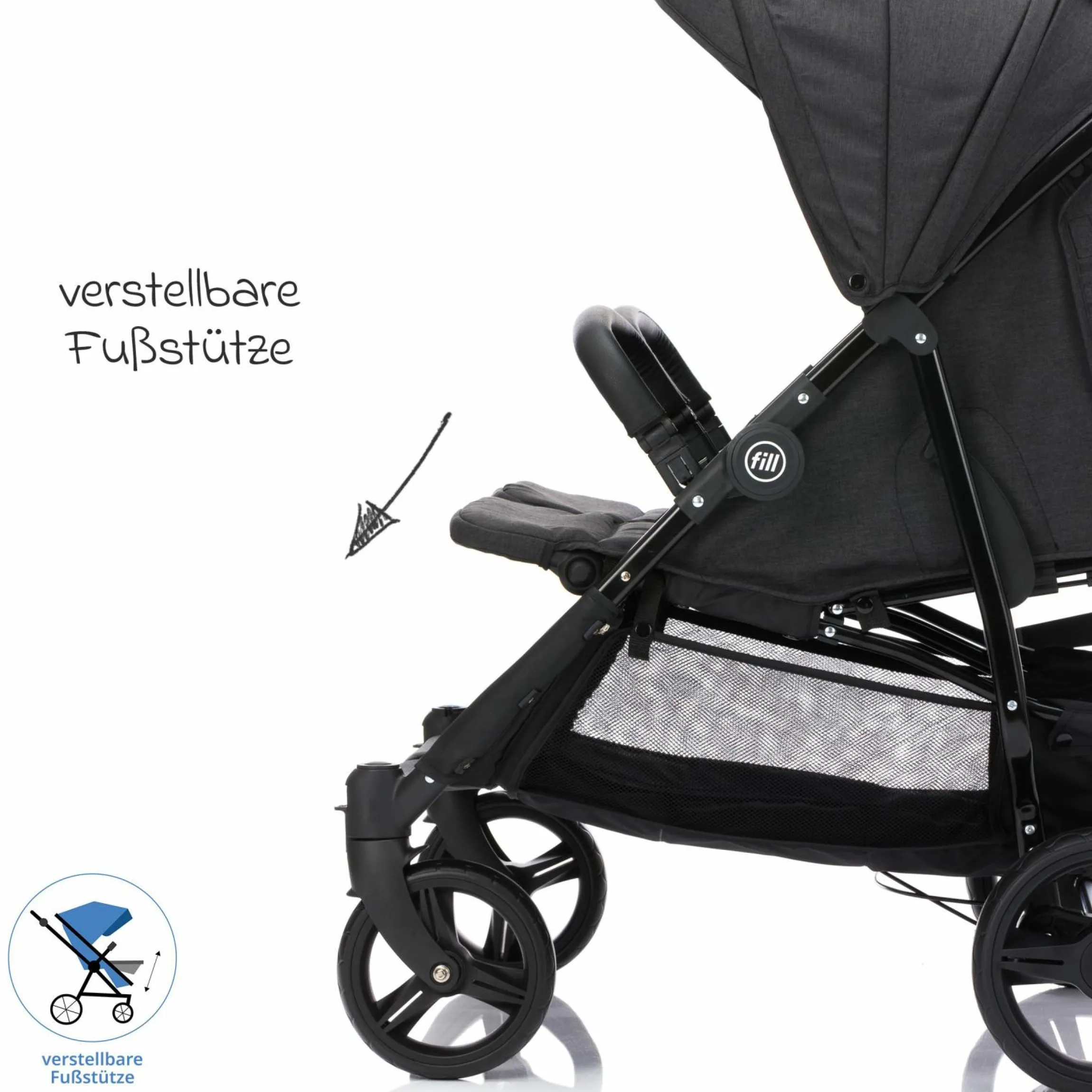 Geschwister- & Zwillingskinderwagen Duo mit Liegeposition, Schutzbügel pro Sitz nur 12,3 kg und 70 cm Breit - Schwarz Melange
