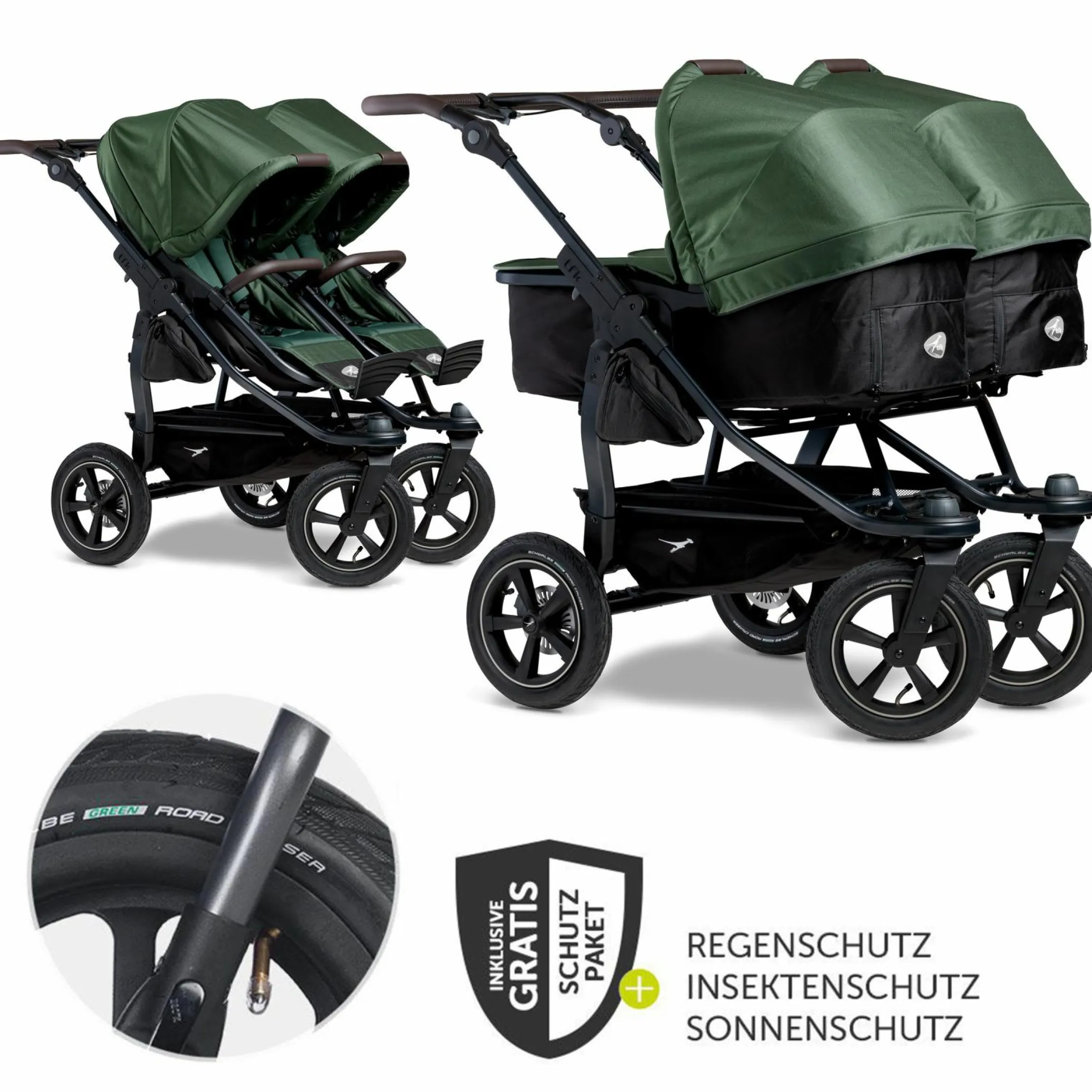 Geschwister- & Zwillingskinderwagen Duo 2 mit Luftreifen - 2x Kombi-Einheit (Wanne+Sitz) mit Liegeposition & XXL Zamboo Zubehör - Olive - Kollektion 2025