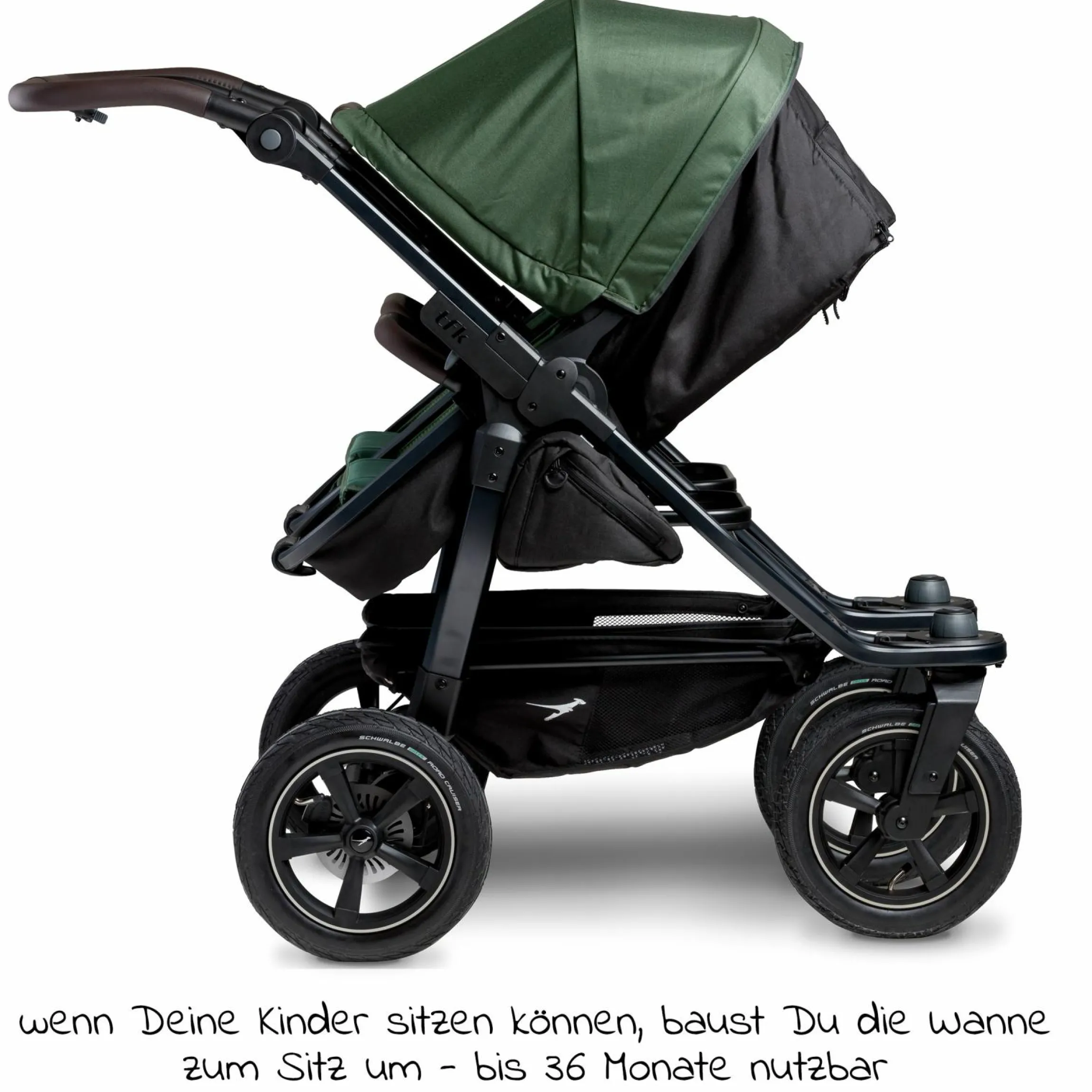 Geschwister- & Zwillingskinderwagen Duo 2 mit Luftreifen - 2x Kombi-Einheit (Wanne+Sitz) mit Liegeposition & XXL Zamboo Zubehör - Olive - Kollektion 2025