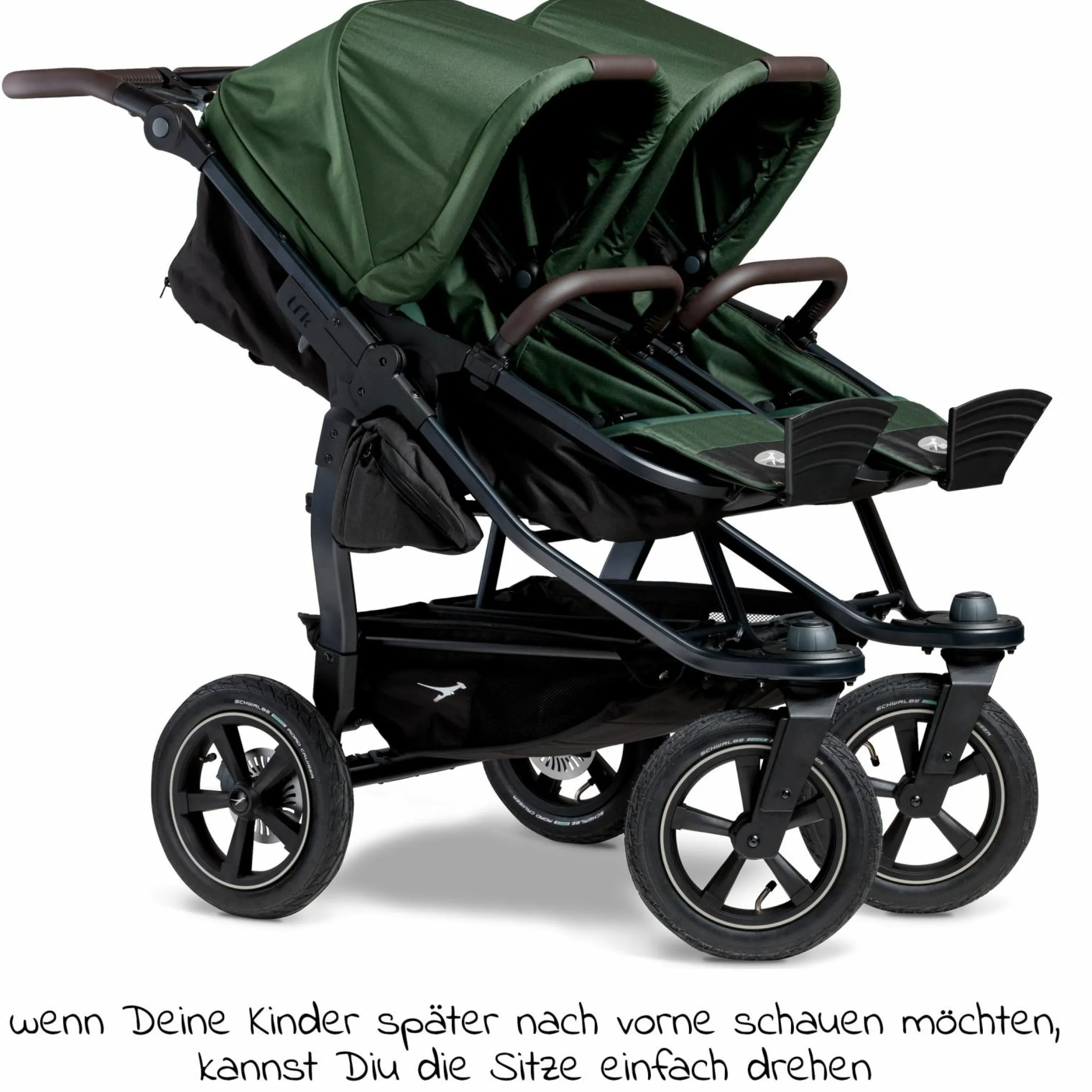 Geschwister- & Zwillingskinderwagen Duo 2 mit Luftreifen - 2x Kombi-Einheit (Wanne+Sitz) mit Liegeposition & XXL Zamboo Zubehör - Olive - Kollektion 2025