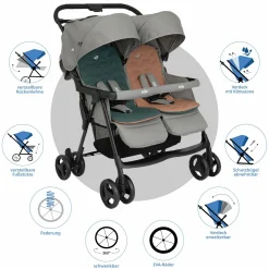 Geschwister- & Zwillingswagen Aire Twin mit Liegeposition inkl. Regenschutz & Wendesitzauflage - Pebble - Kollektion 2025