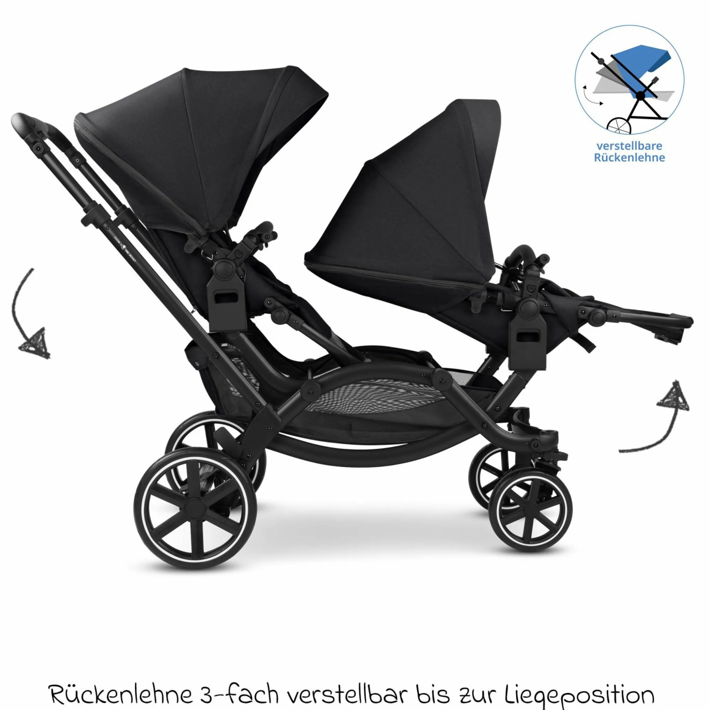 Geschwisterwagen & Zwillingskinderwagen Zoom 2 inkl. 2 Sportsitze, 2x Keilkissen & 2x Einlagen - Pure - Coal - Kollektion 2025