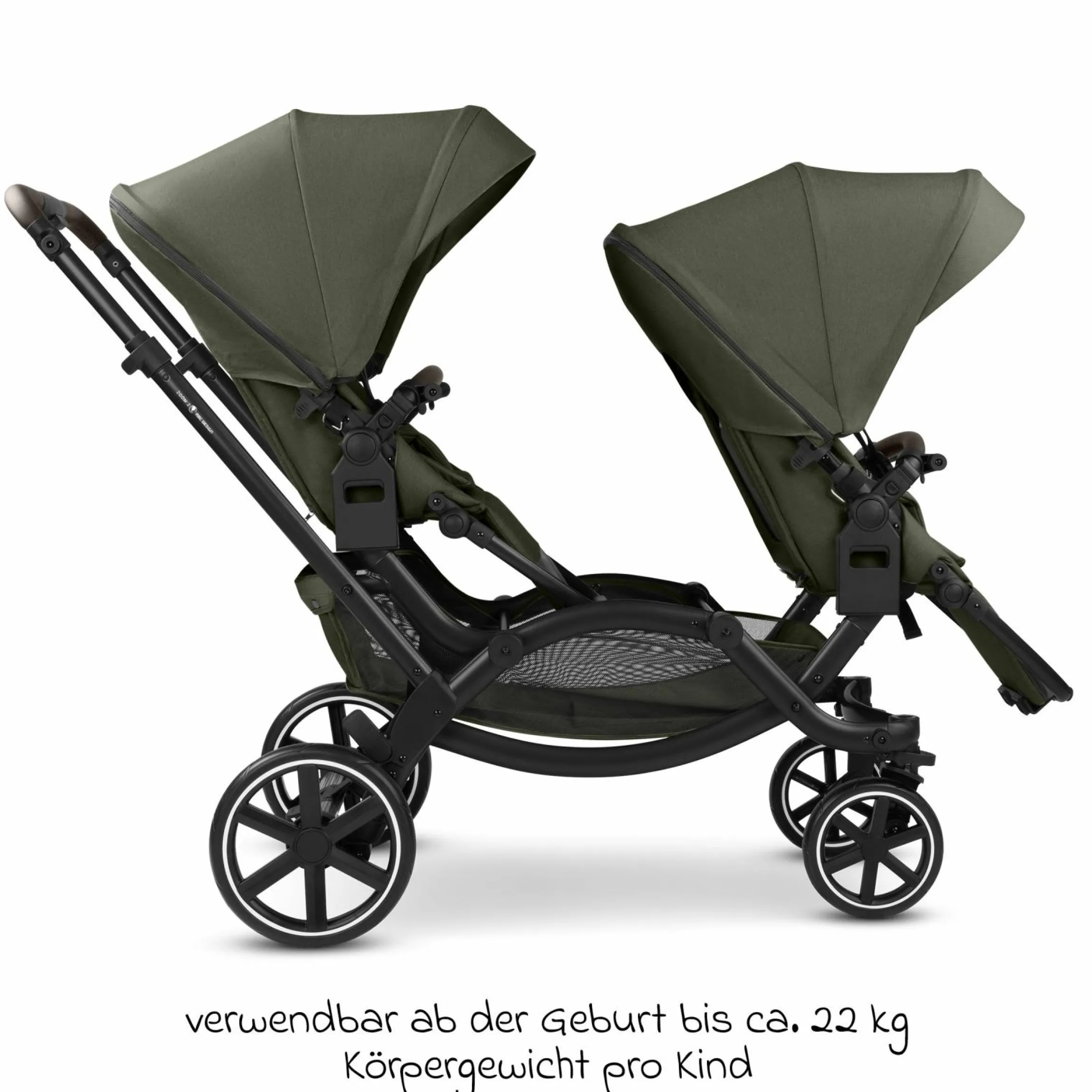 Geschwisterwagen & Zwillingskinderwagen Zoom 2 inkl. 2 Sportsitze, 2x Keilkissen & 2x Einlagen - Pure - Avocado - Kollektion 2025
