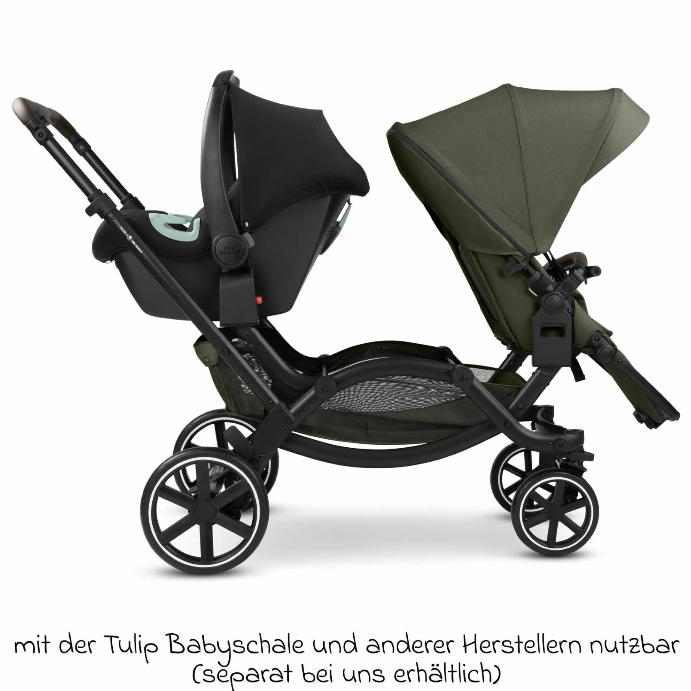 Geschwisterwagen & Zwillingskinderwagen Zoom 2 inkl. 2 Sportsitze, 2x Keilkissen & 2x Einlagen - Pure - Avocado - Kollektion 2025