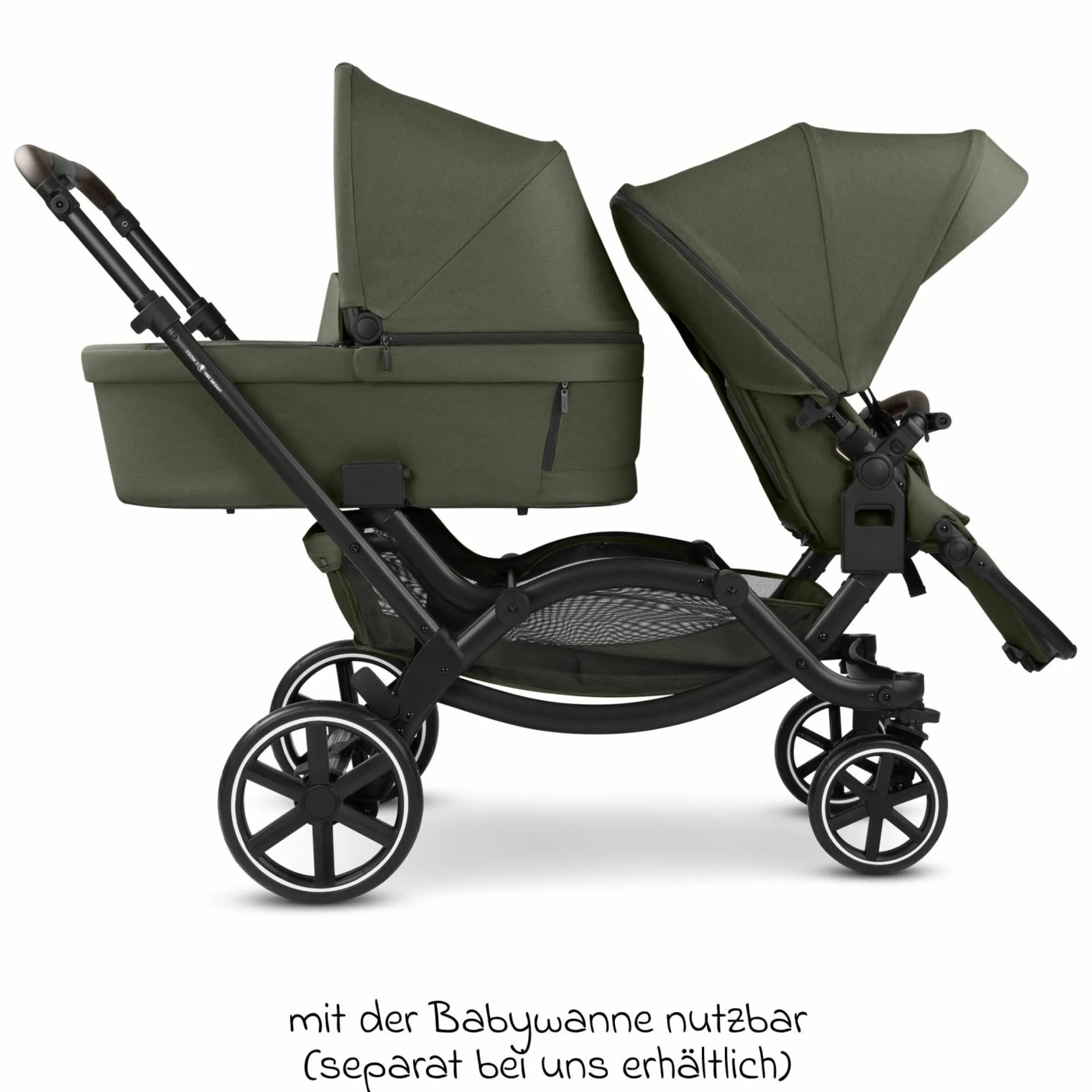 Geschwisterwagen & Zwillingskinderwagen Zoom 2 inkl. 2 Sportsitze, 2x Keilkissen & 2x Einlagen - Pure - Avocado - Kollektion 2025