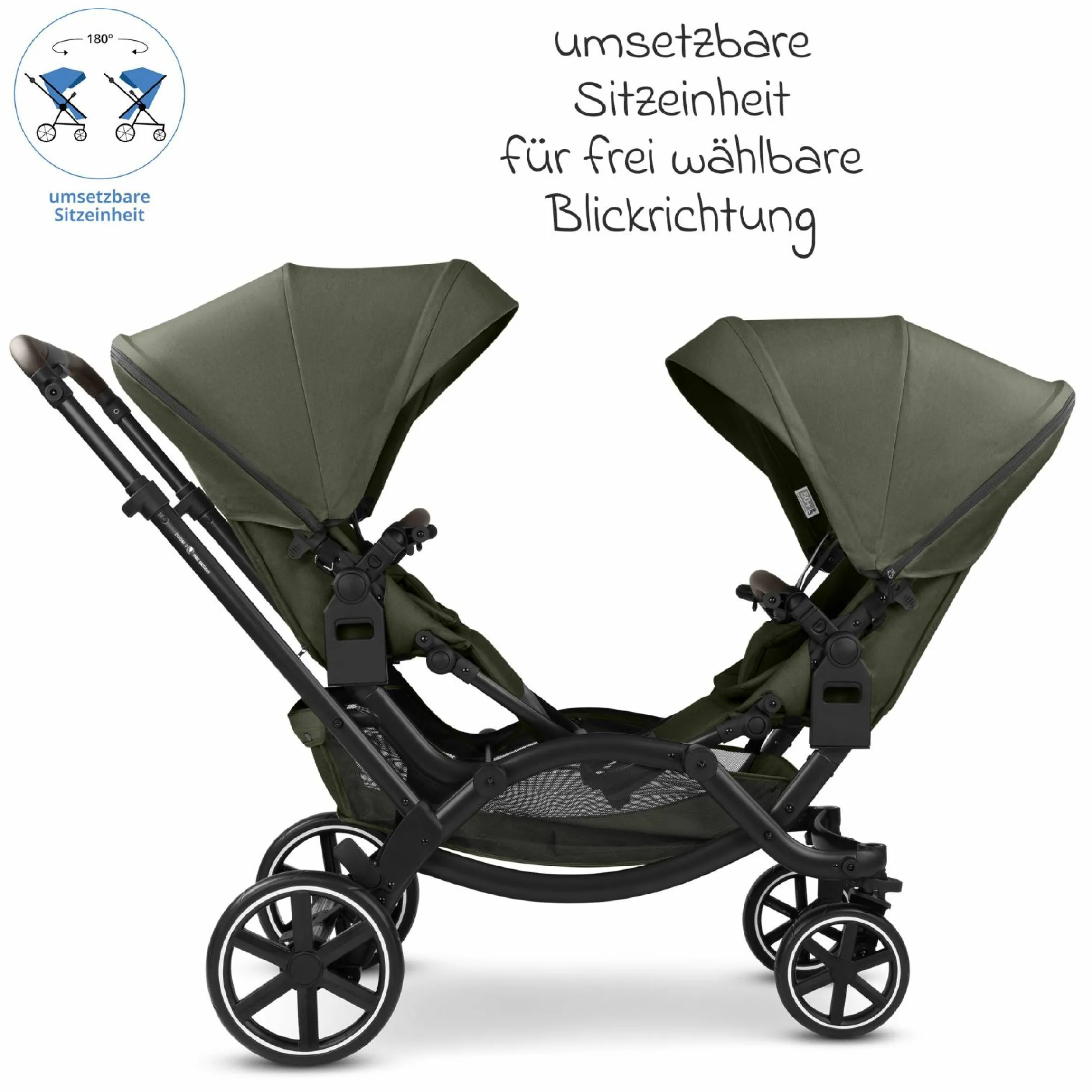 Geschwisterwagen & Zwillingskinderwagen Zoom 2 inkl. 2 Sportsitze, 2x Keilkissen & 2x Einlagen - Pure - Avocado - Kollektion 2025