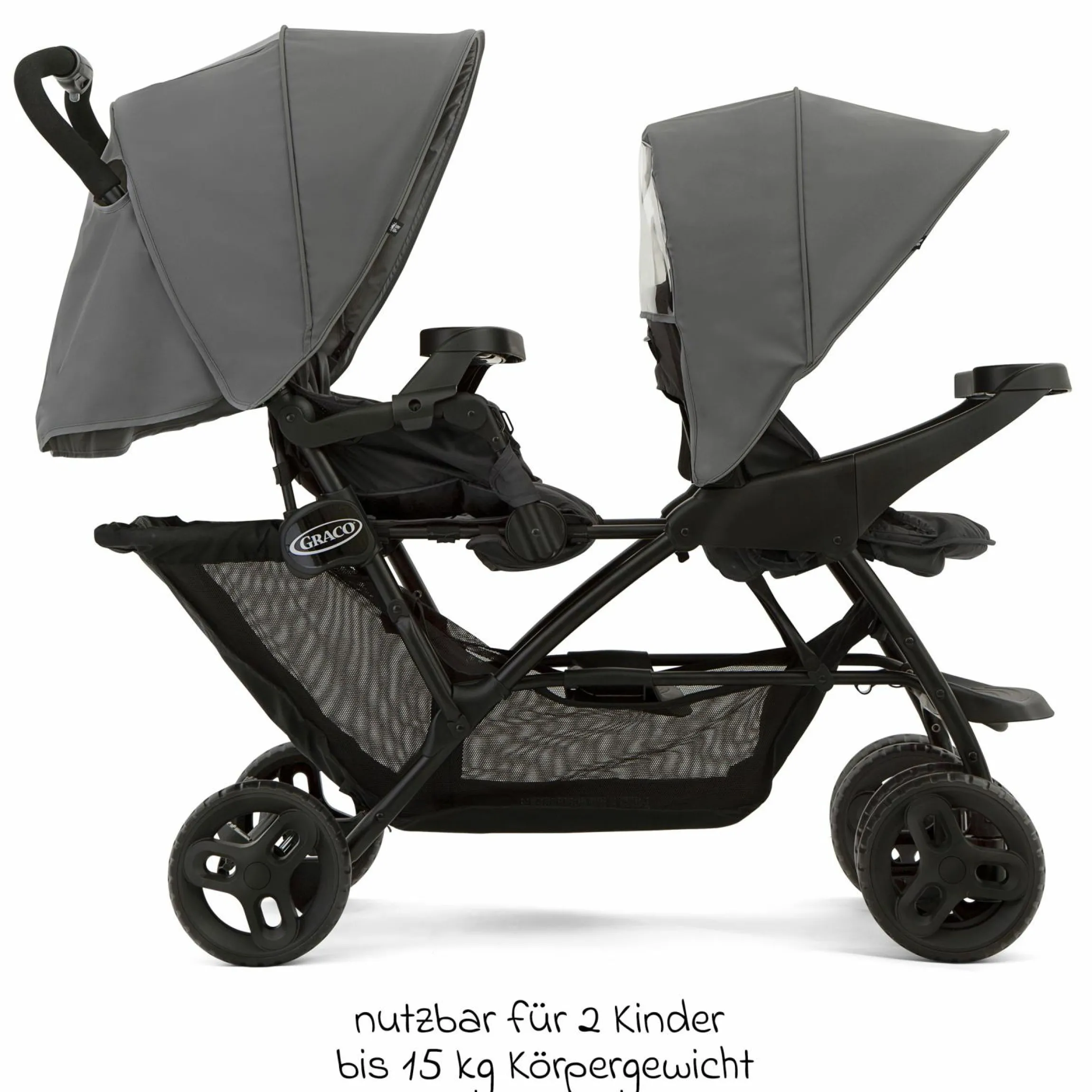 Geschwisterwagen Stadium Duo mit 2x Snacktabletts & Rücksitz mit Liegeposition - Titanium - Kollektion 2025