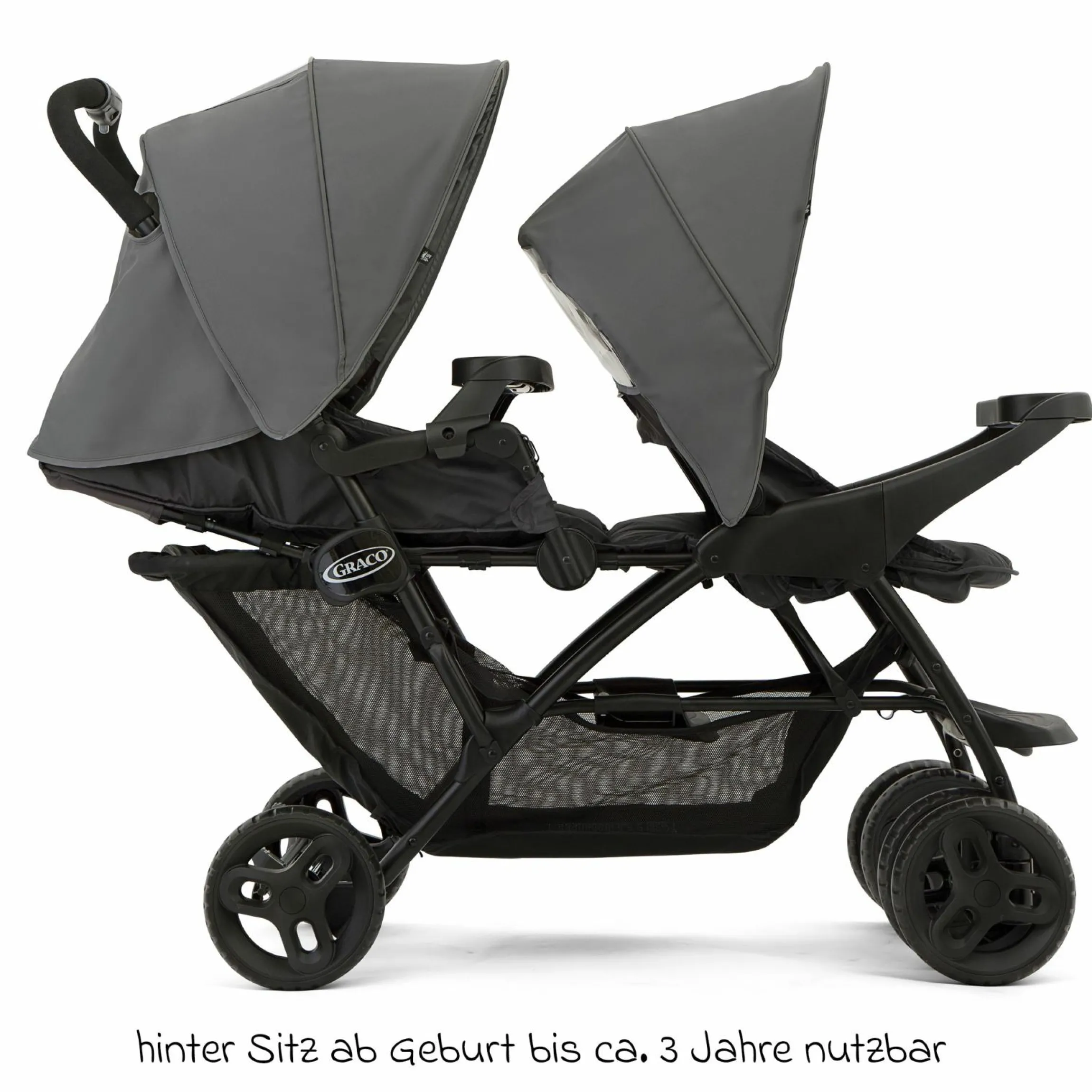 Geschwisterwagen Stadium Duo mit 2x Snacktabletts & Rücksitz mit Liegeposition - Titanium - Kollektion 2025