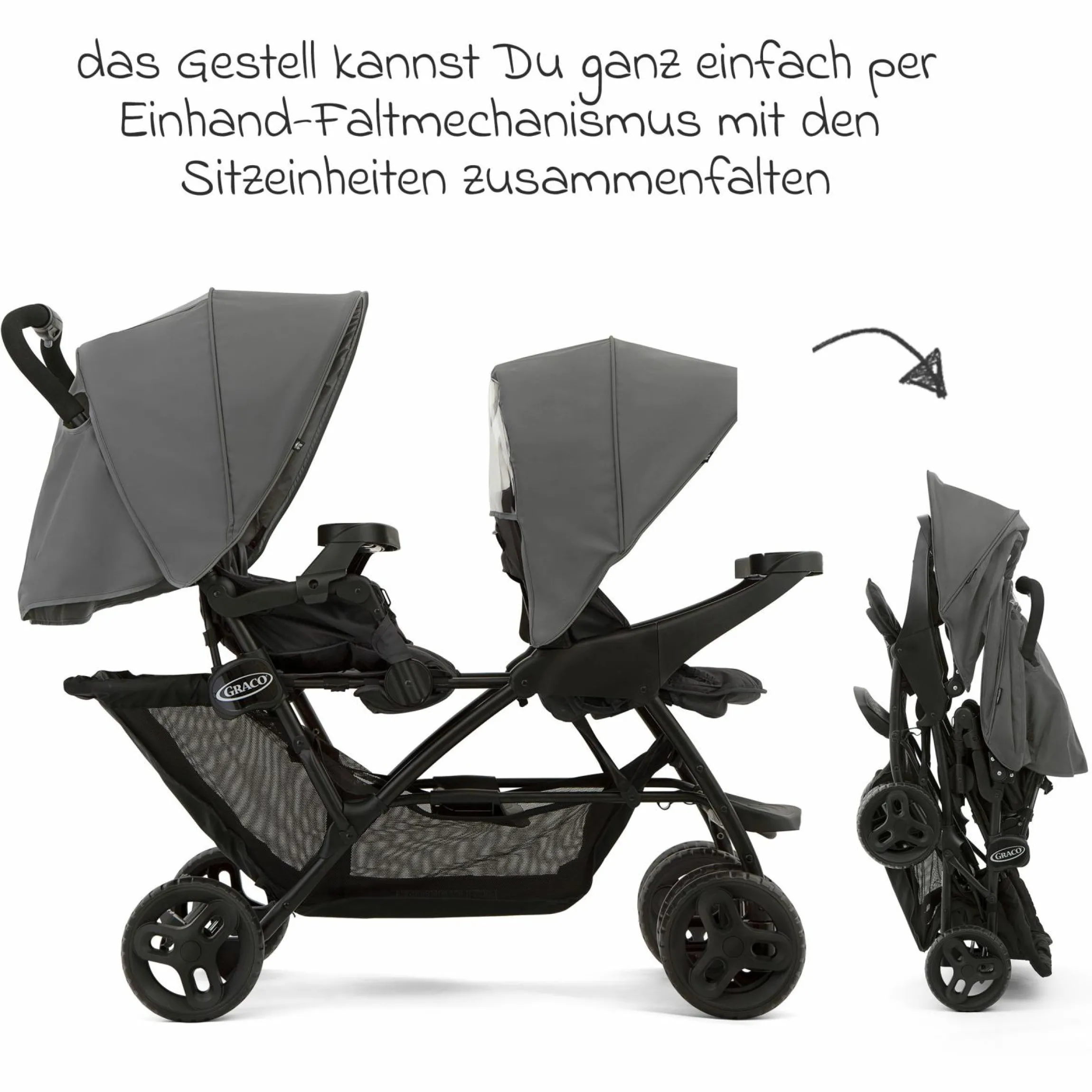 Geschwisterwagen Stadium Duo mit 2x Snacktabletts & Rücksitz mit Liegeposition - Titanium - Kollektion 2025