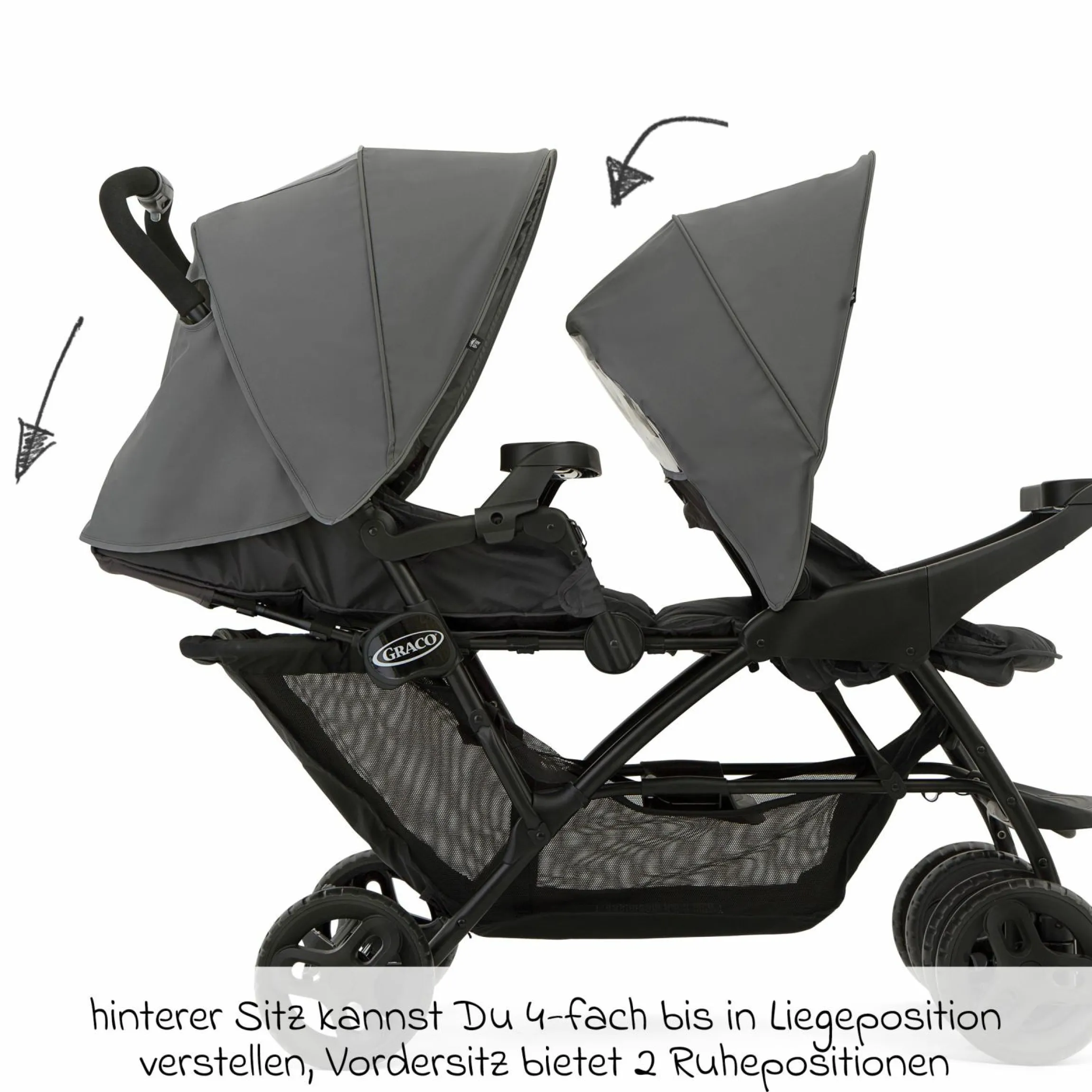 Geschwisterwagen Stadium Duo mit 2x Snacktabletts & Rücksitz mit Liegeposition - Titanium - Kollektion 2025