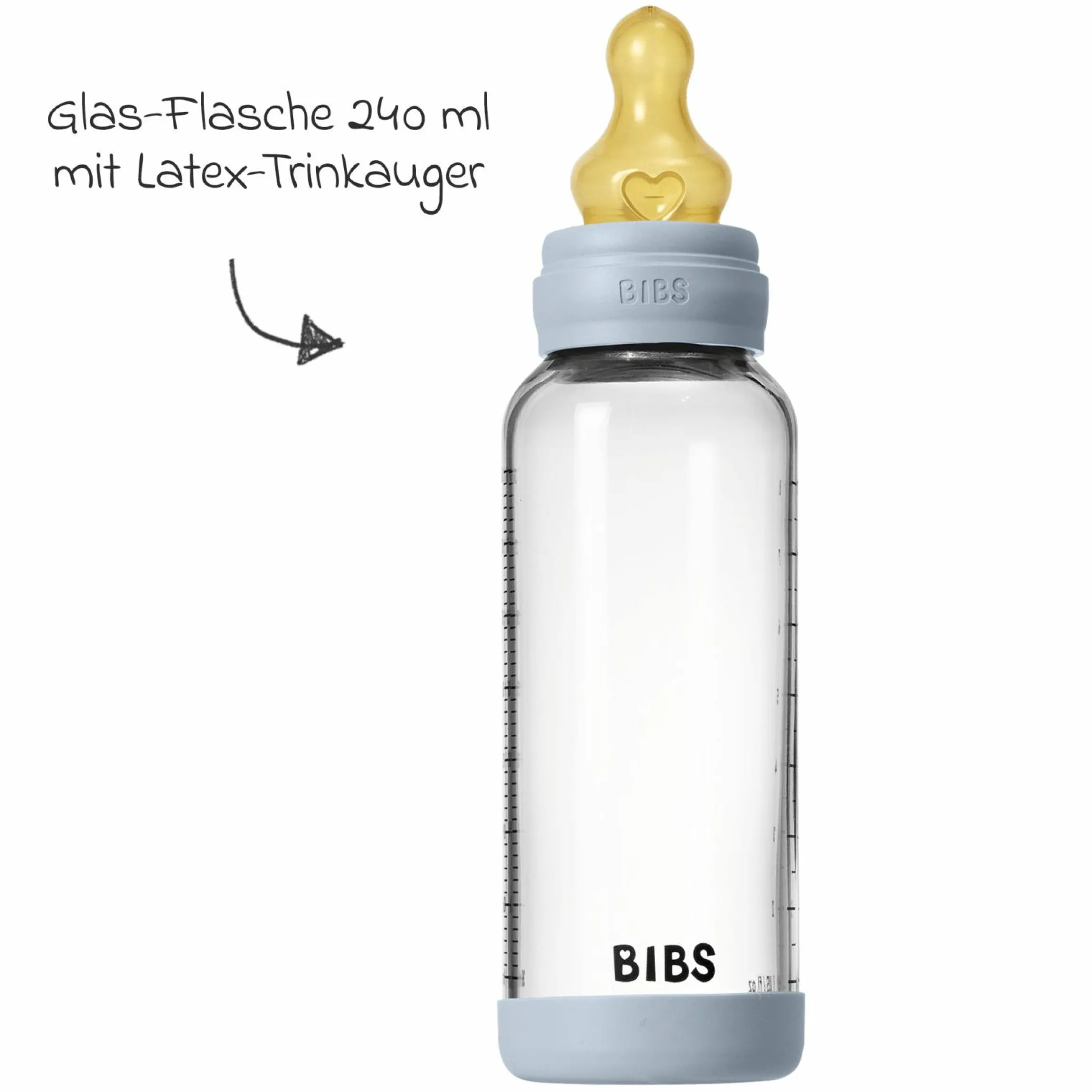 Glas-Flasche Baby Bottle Round 240 ml + Latex-Trinksauger mittlerer Nahrungsfluss - Baby Blue