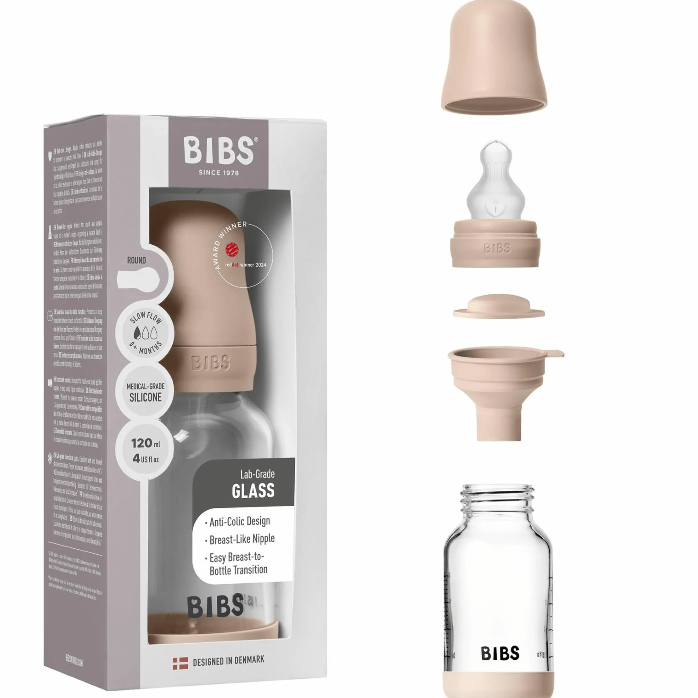 Glas-Flasche Baby Bottle Round 120 ml + Silikon-Trinksauger langsamer Nahrungsfluss - Blush