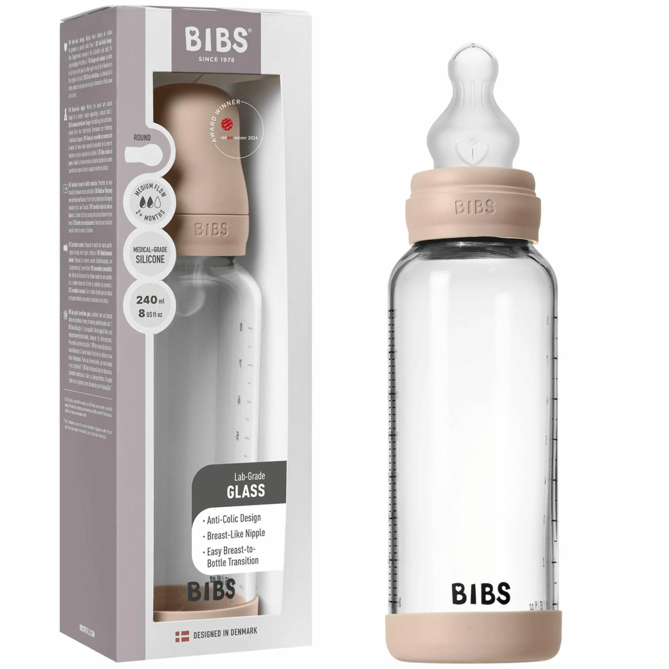 Glas-Flasche Baby Bottle Round 240 ml + Silikon-Trinksauger mittlerer Nahrungsfluss - Blush