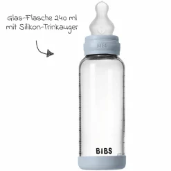 Glas-Flasche Baby Bottle Round 240 ml + Silikon-Trinksauger mittlerer Nahrungsfluss - Baby Blue