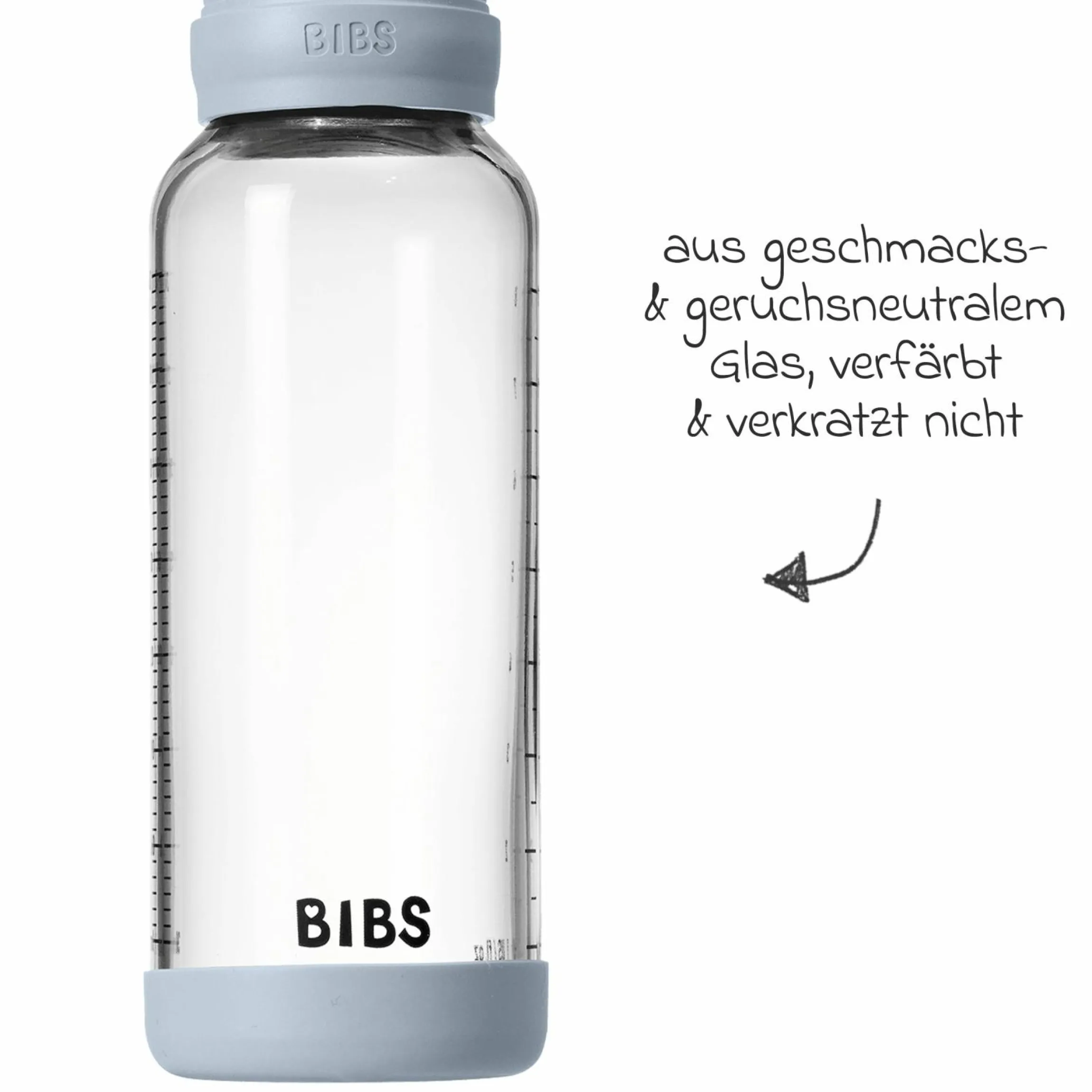 Glas-Flasche Baby Bottle Round 240 ml + Silikon-Trinksauger mittlerer Nahrungsfluss - Baby Blue