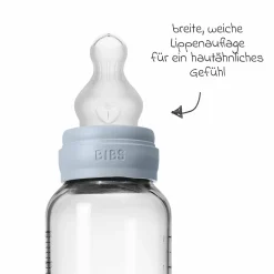 Glas-Flasche Baby Bottle Round 240 ml + Silikon-Trinksauger mittlerer Nahrungsfluss - Baby Blue