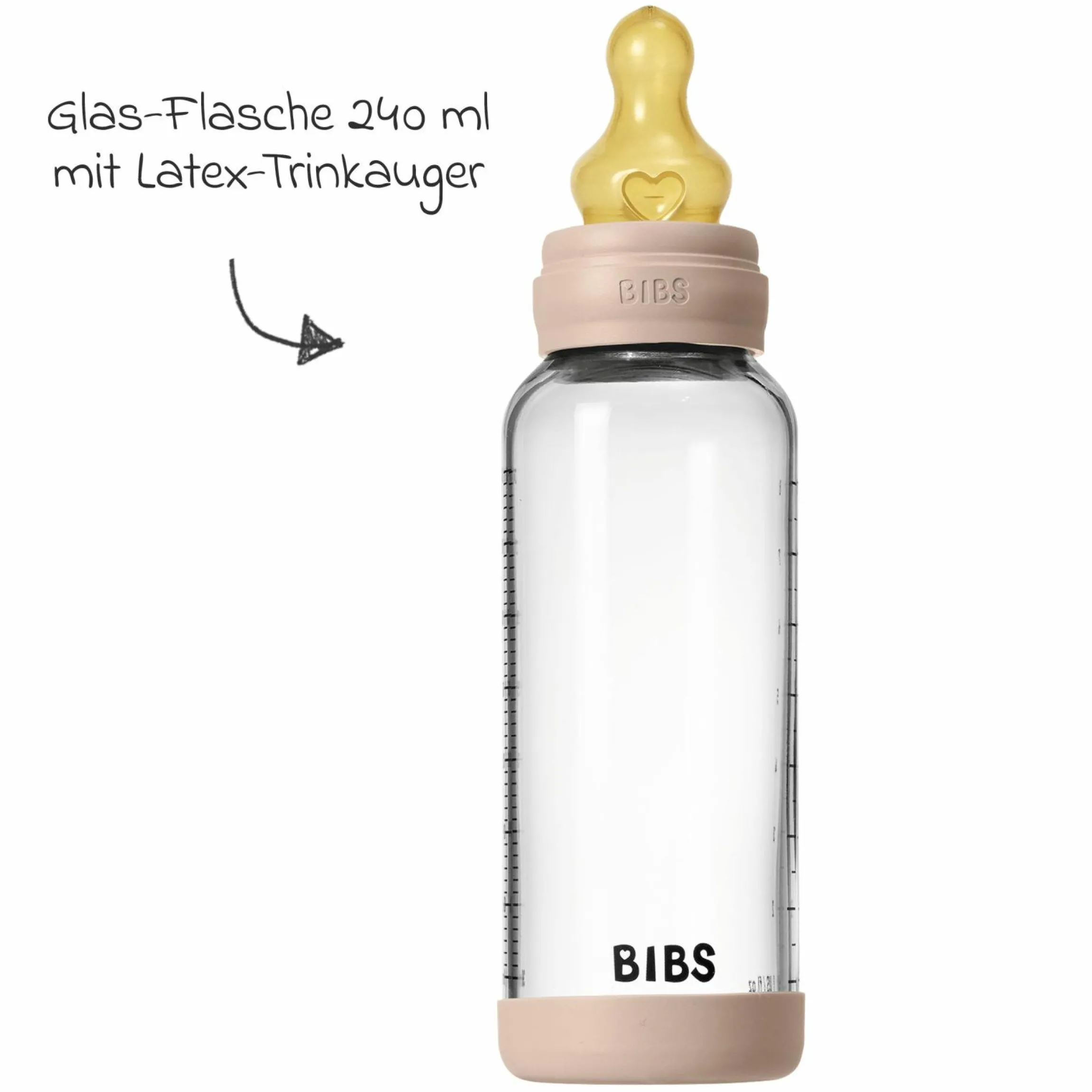 Glas-Flasche Baby Bottle Round 240 ml + Latex-Trinksauger mittlerer Nahrungsfluss - Blush