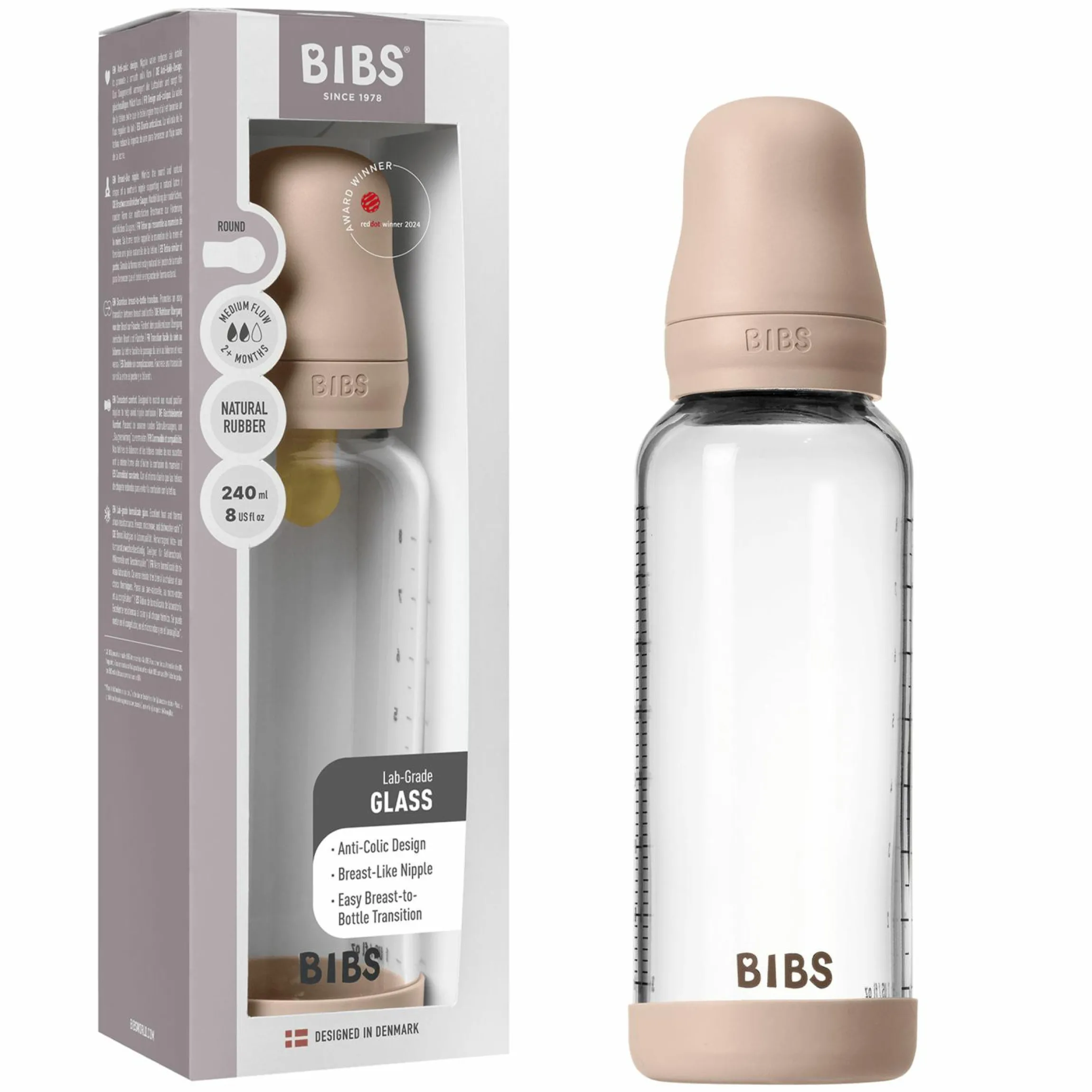 Glas-Flasche Baby Bottle Round 240 ml + Latex-Trinksauger mittlerer Nahrungsfluss - Blush
