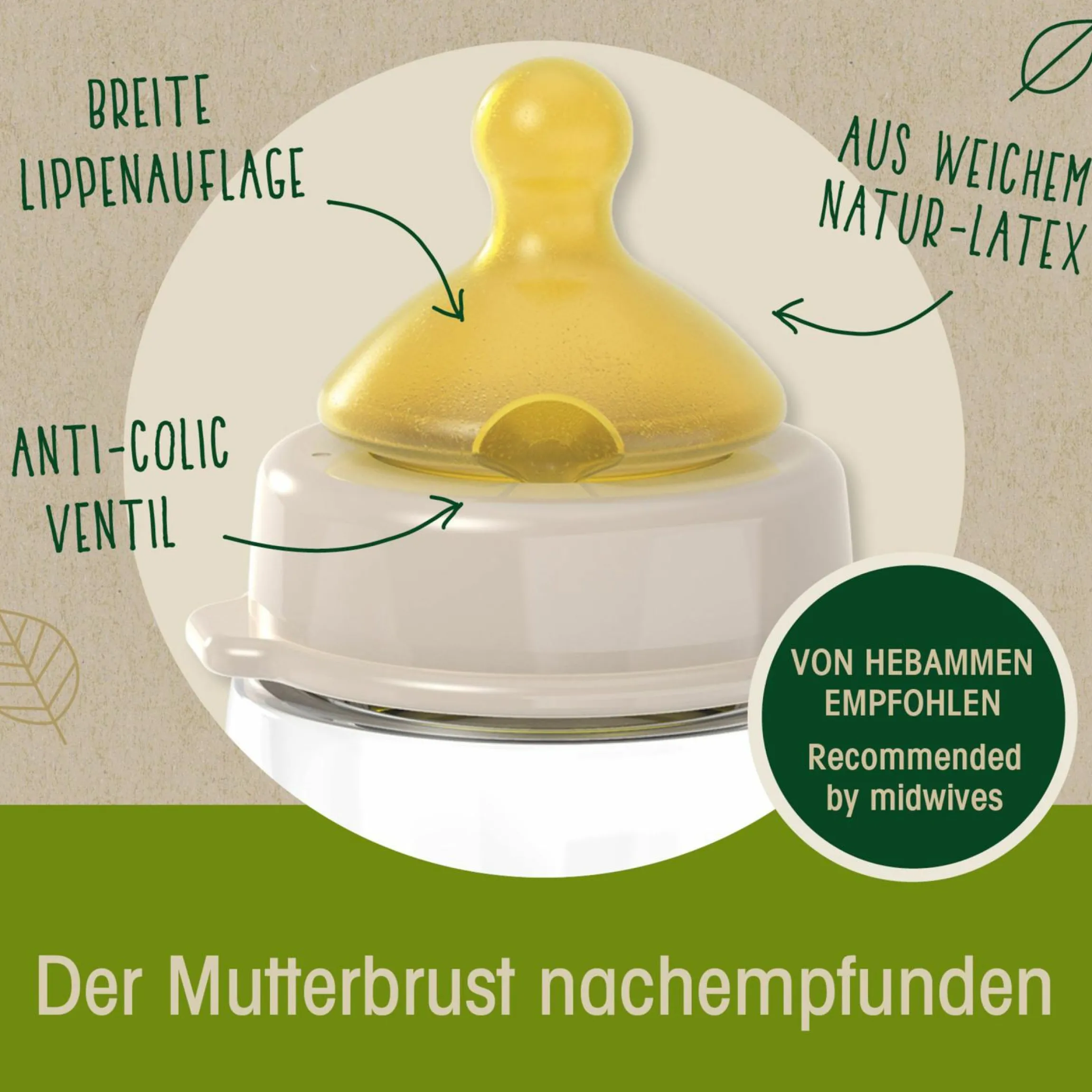 Glas-Flasche Cherry green 120 ml + Latex-Trinksauger langsamer Nahrungsfluss - Grün
