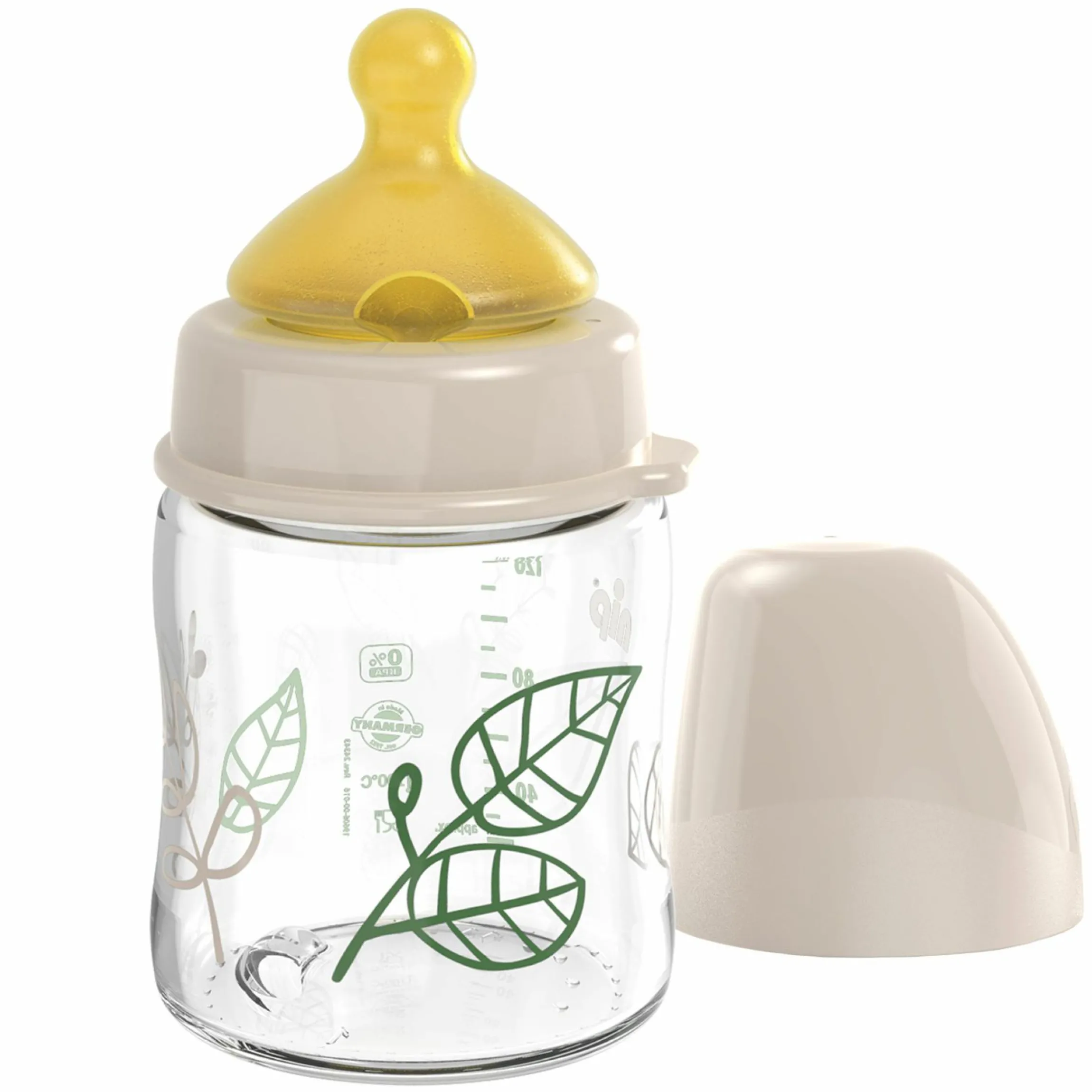 Glas-Flasche Cherry green 120 ml + Latex-Trinksauger langsamer Nahrungsfluss - Beige