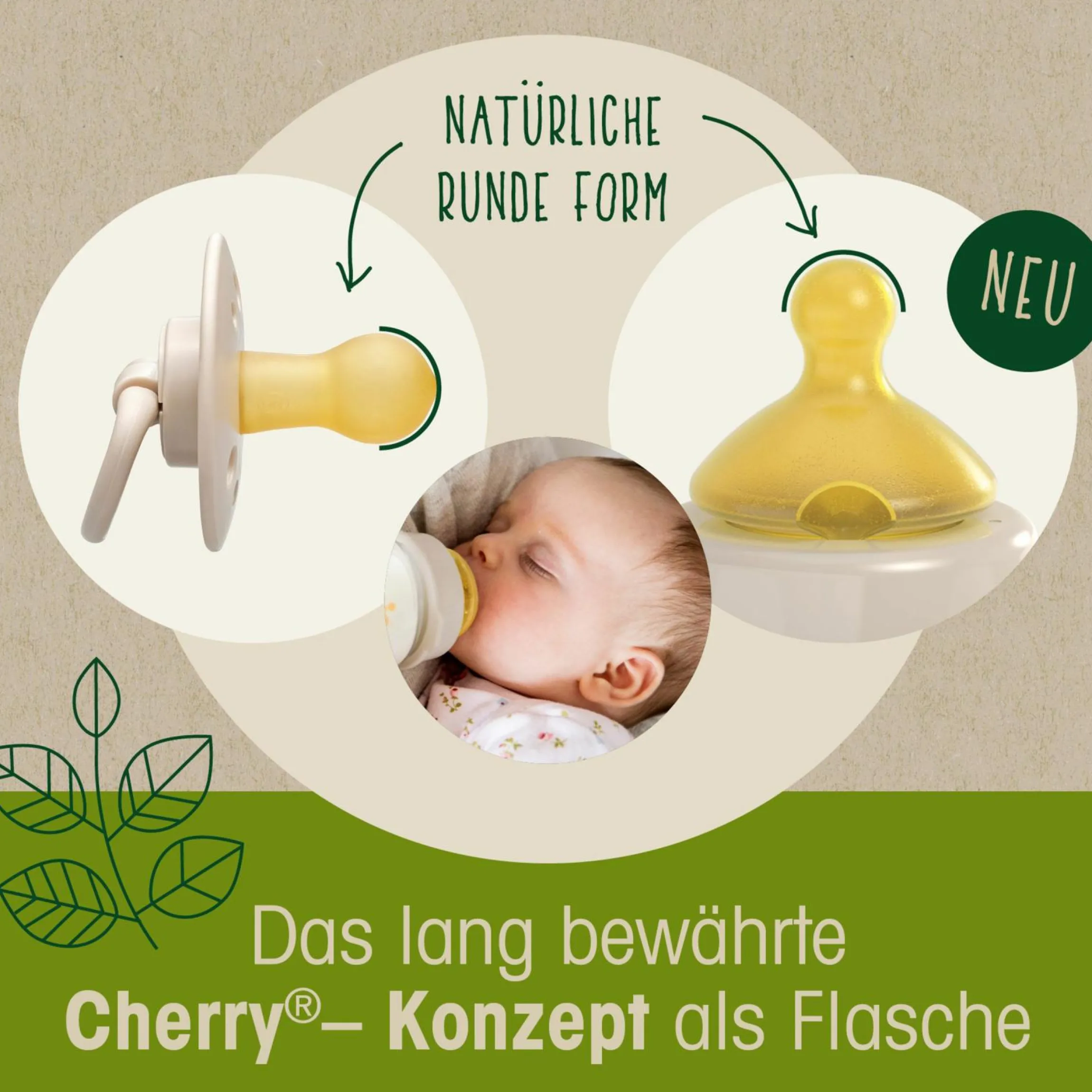 Glas-Flasche Cherry green 120 ml + Latex-Trinksauger langsamer Nahrungsfluss - Beige