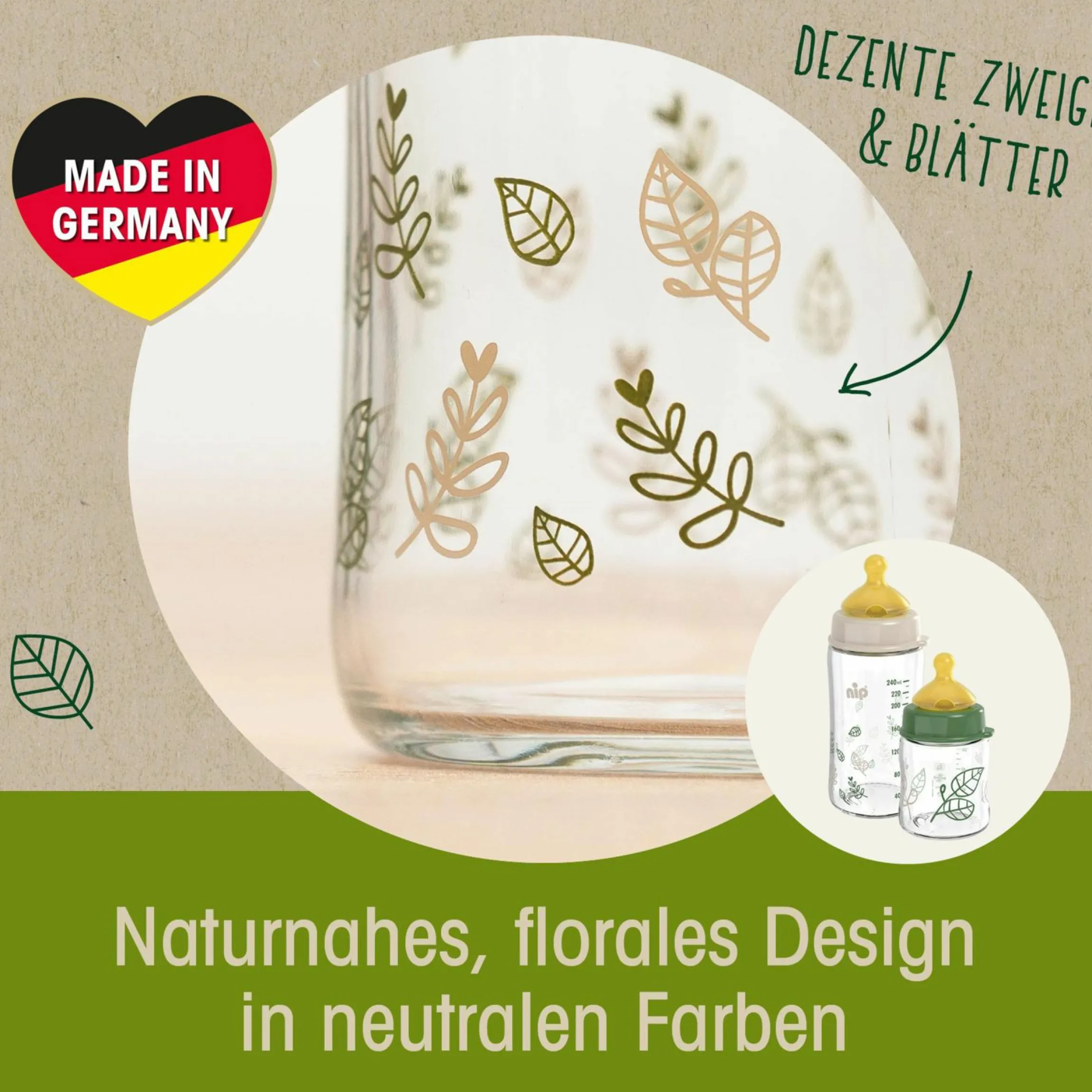 Glas-Flasche Cherry green 120 ml + Latex-Trinksauger langsamer Nahrungsfluss - Beige
