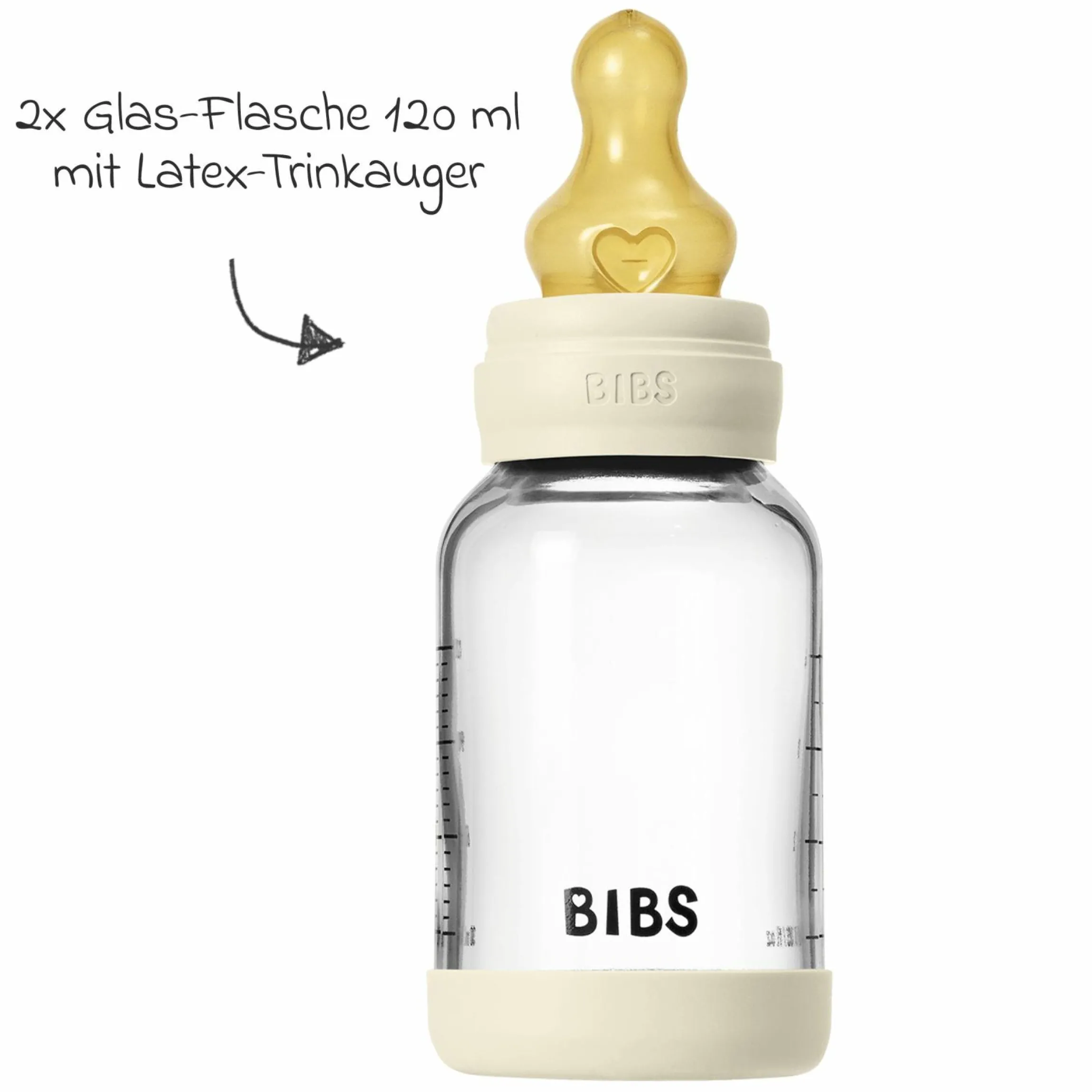 Glas-Flasche 2er Pack Baby Bottle Round 120 ml + Latex-Trinksauger - Ivory