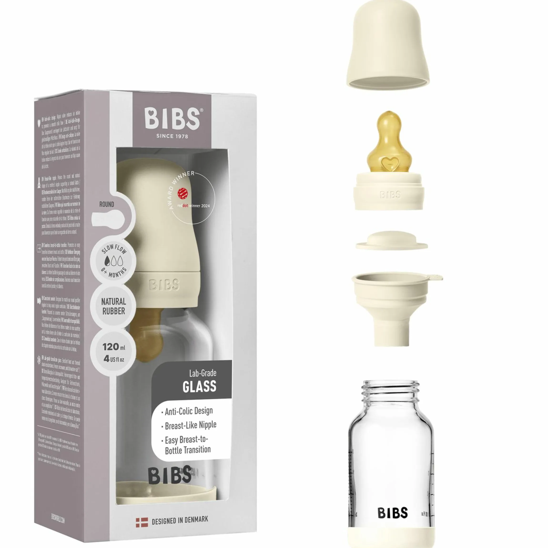 Glas-Flasche 2er Pack Baby Bottle Round 120 ml + Latex-Trinksauger - Ivory