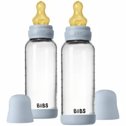 Glas-Flasche 2er Pack Baby Bottle Round 240 ml + Latex-Trinksauger - Baby Blue