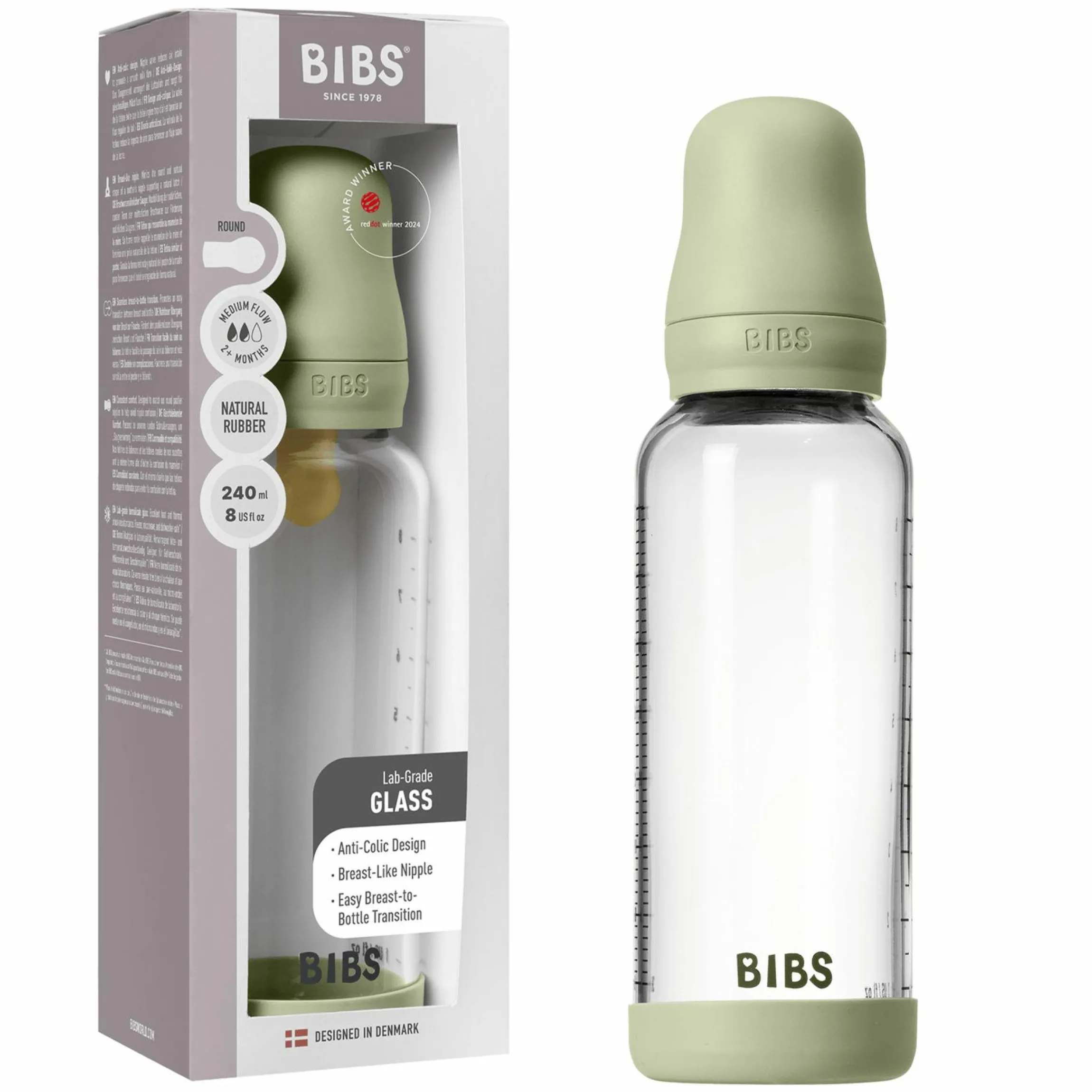Glas-Flasche 2er Pack Baby Bottle Round 240 ml + Latex-Trinksauger - Sage